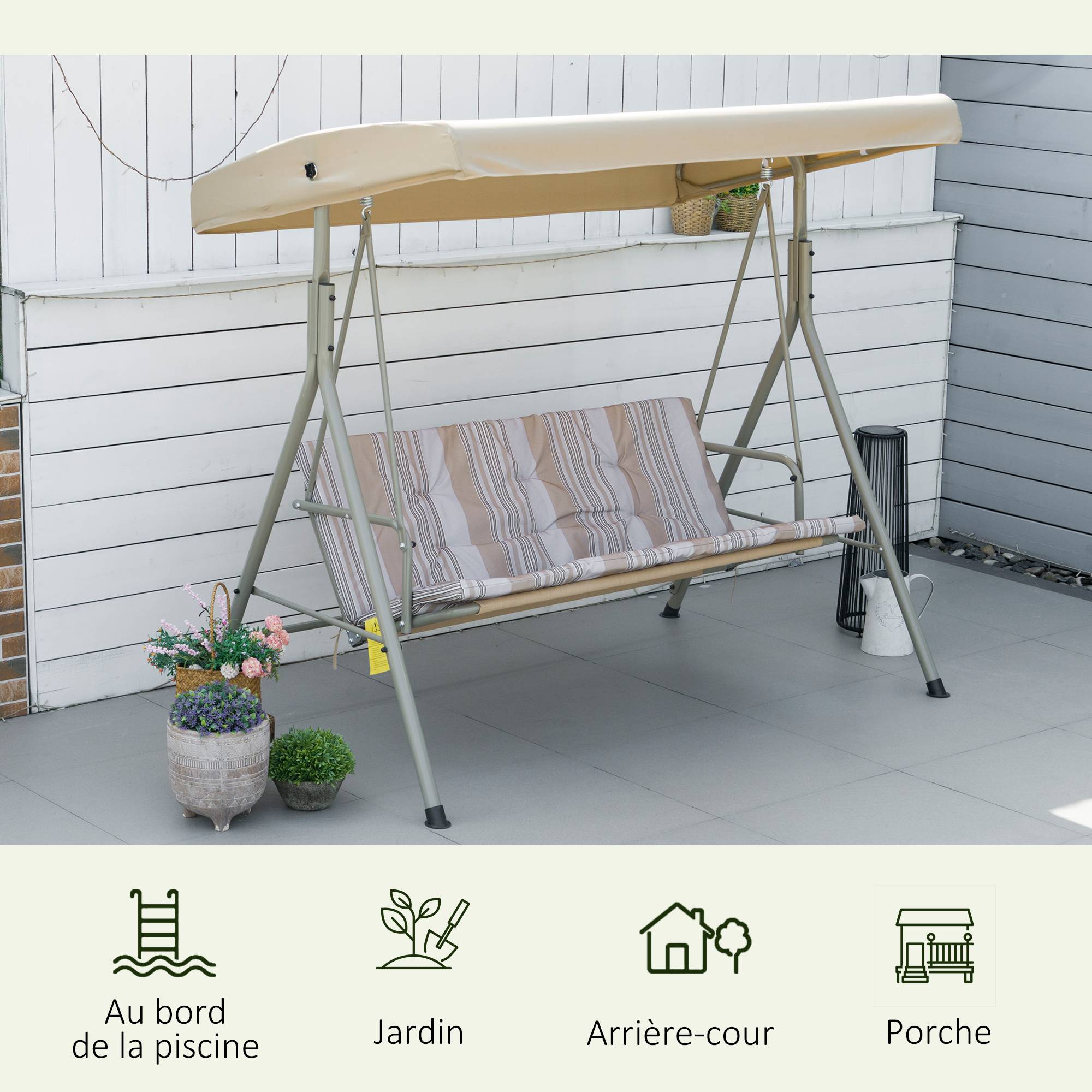 Balancelle 3 places acier patio jardin toit réglable coussins 437x279x396cm marron clair - ComfortXL Outdoor Living - Image 9