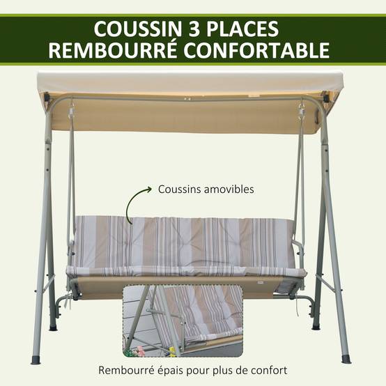 Balancelle 3 places acier patio jardin toit réglable coussins 437x279x396cm marron clair - ComfortXL Outdoor Living - Image 7