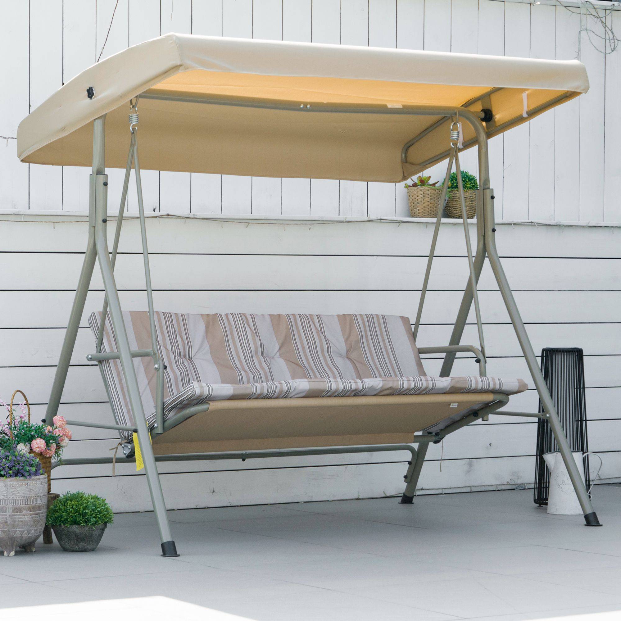 Balancelle 3 places acier patio jardin toit réglable coussins 437x279x396cm marron clair - ComfortXL Outdoor Living - Image 3