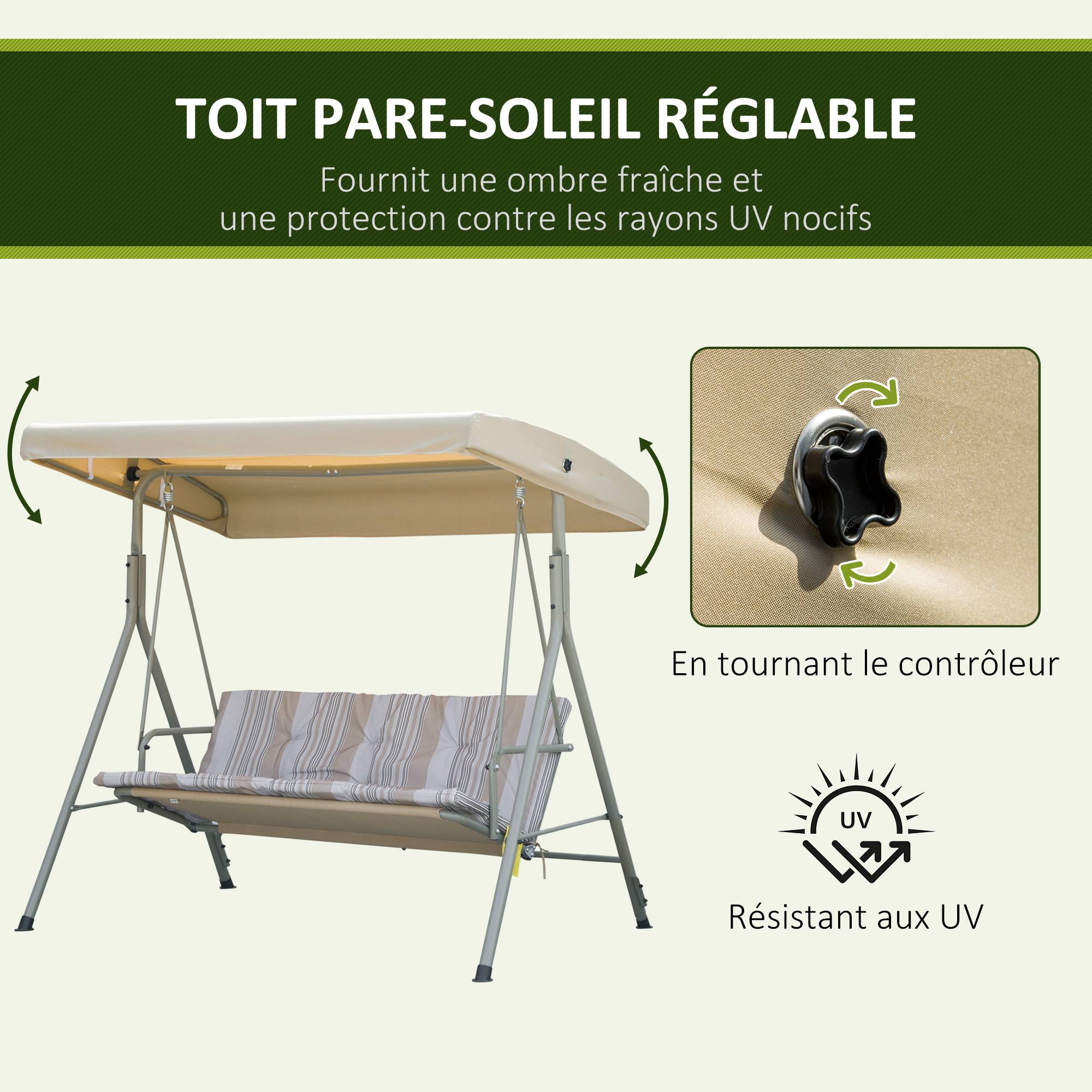 Balancelle 3 places acier patio jardin toit réglable coussins 437x279x396cm marron clair - ComfortXL Outdoor Living - Image 6