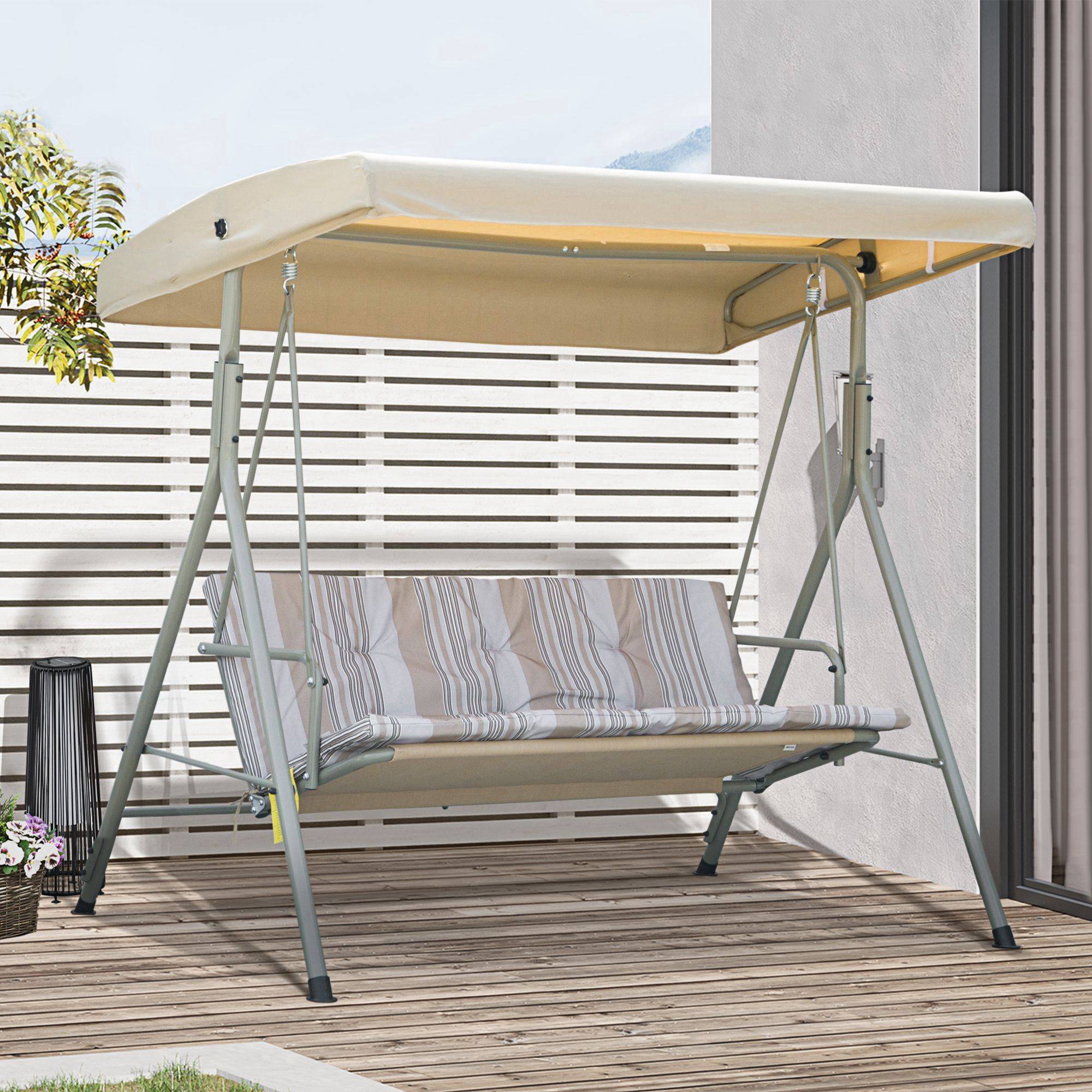 Balancelle 3 places acier patio jardin toit réglable coussins 437x279x396cm marron clair - ComfortXL Outdoor Living - Image 4