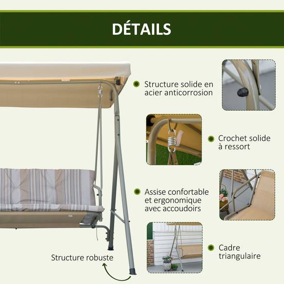 Balancelle 3 places acier patio jardin toit réglable coussins 437x279x396cm marron clair - ComfortXL Outdoor Living - Image 8