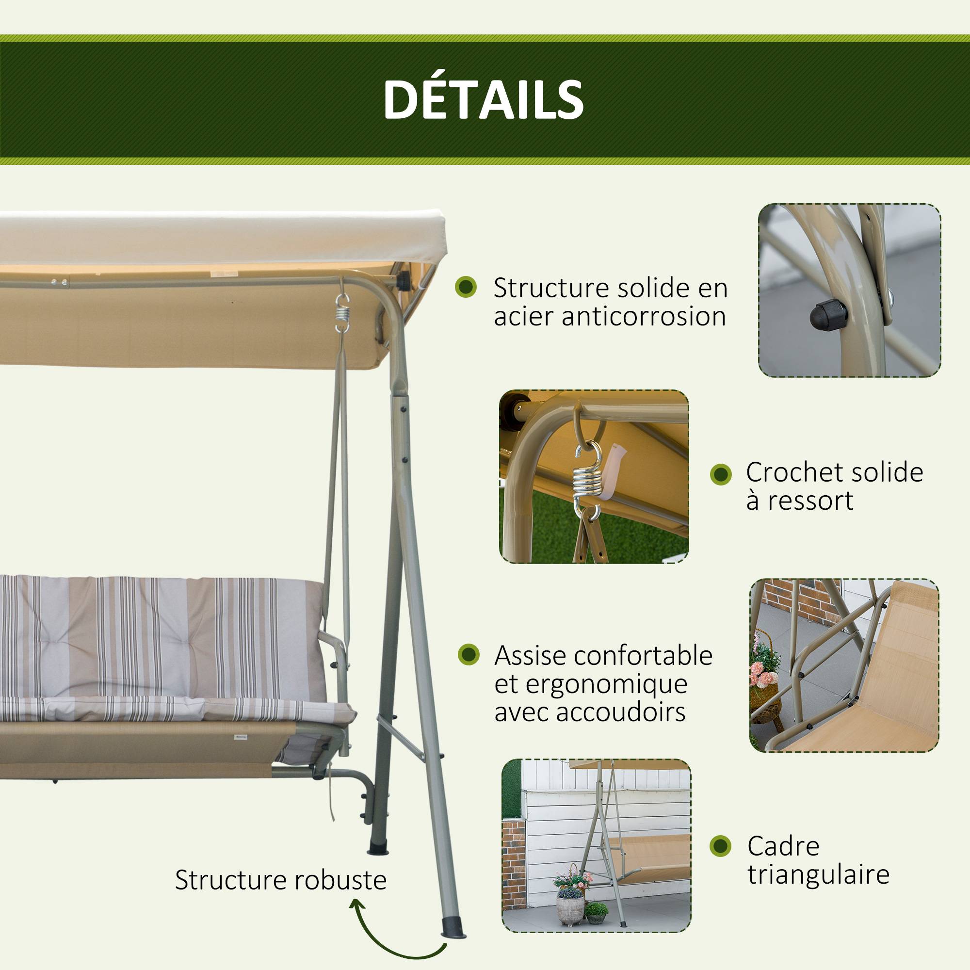Balancelle 3 places acier patio jardin toit réglable coussins 437x279x396cm marron clair - ComfortXL Outdoor Living - Image 8