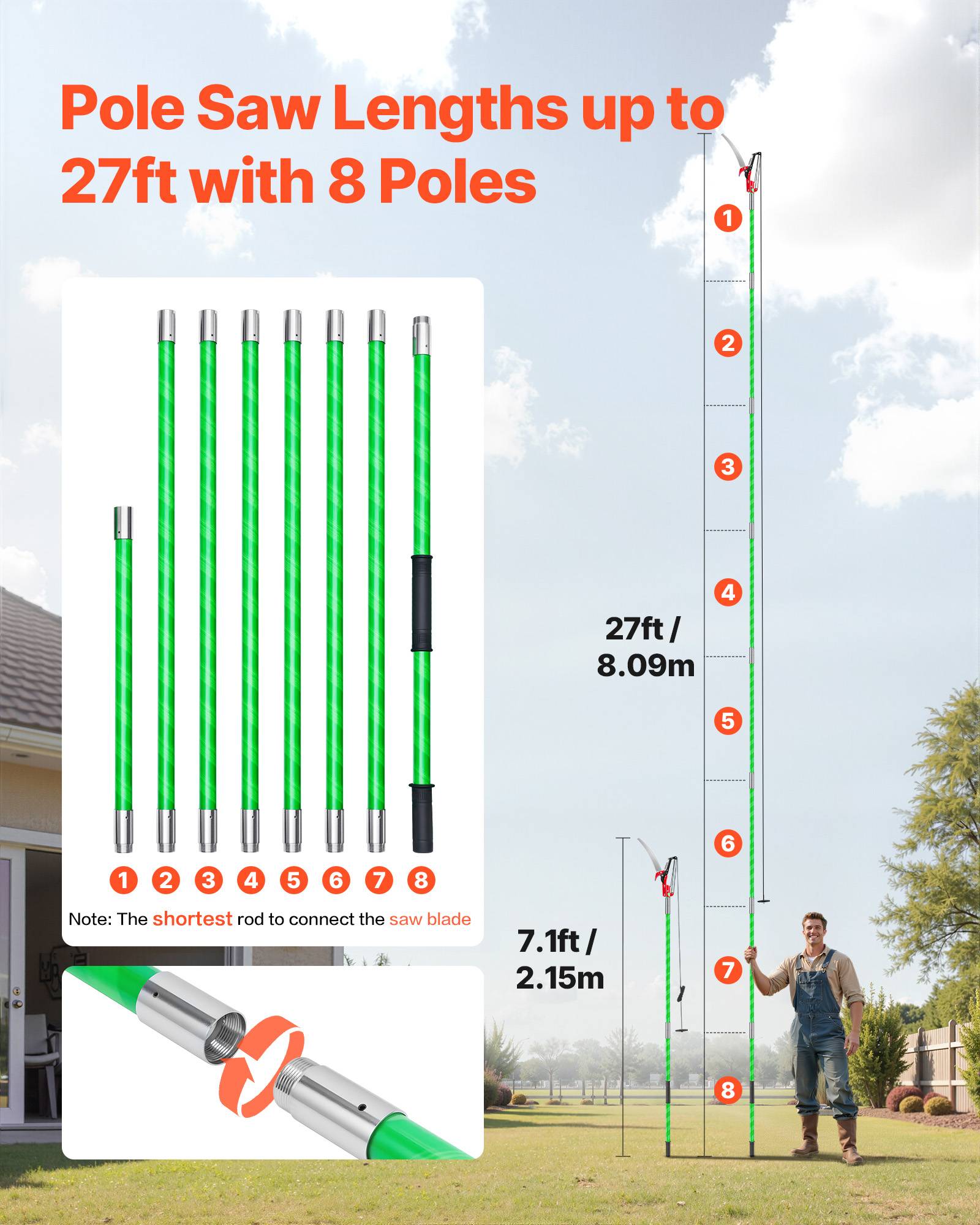 VEVOR Scie à Élaguer sur Perche Extensible Manuelle 2,15 m-8,09 m avec Ciseaux - Image 2