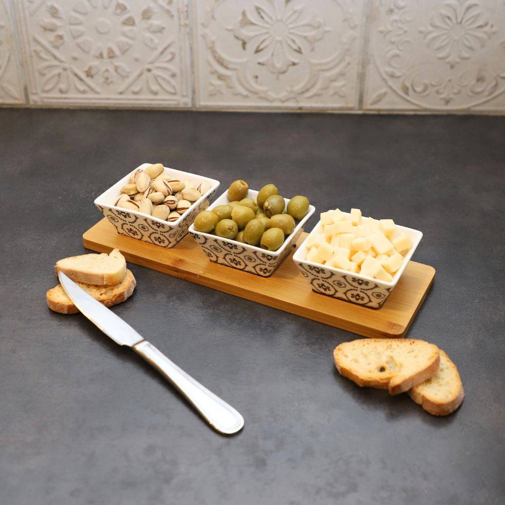 ~ Set apéritif tapas 3 verrines en bambou et céramique blanc et marron 36.5 x 10 cm Chemin de campagne - Imagen 3