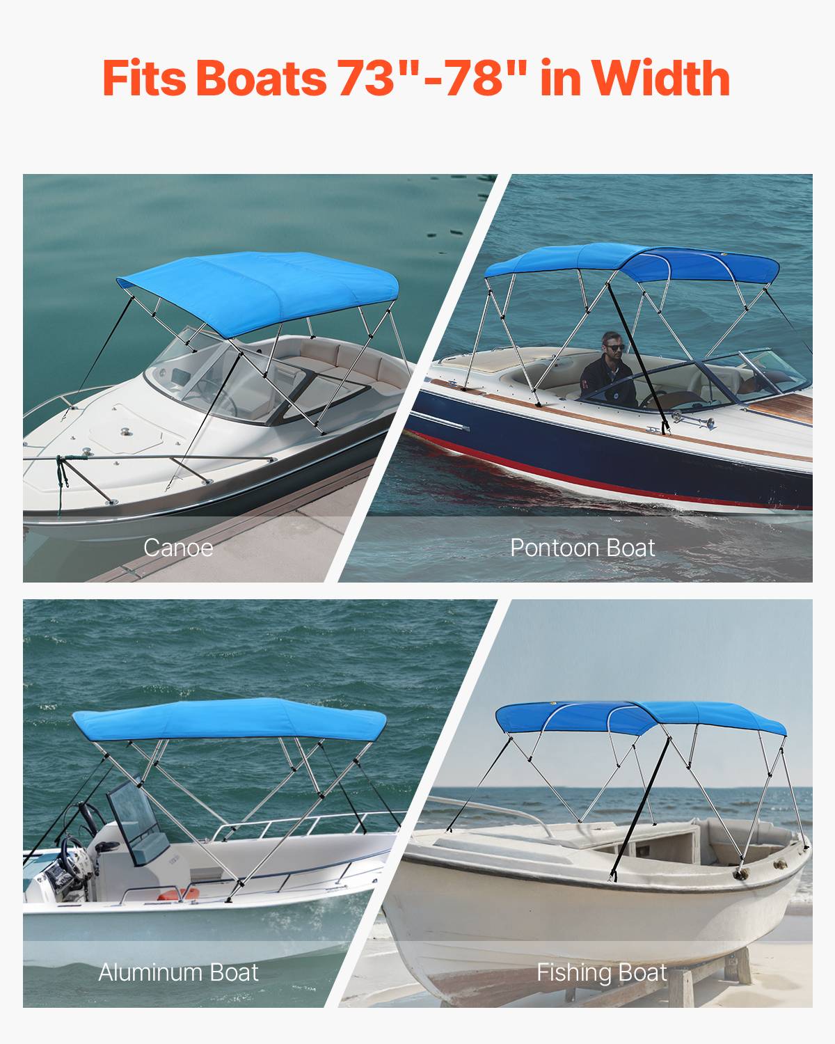 VEVOR Bimini bateau 4 arceaux, 243x137x185-198 cm, alu, polyester 600D, bleu. - Image 6