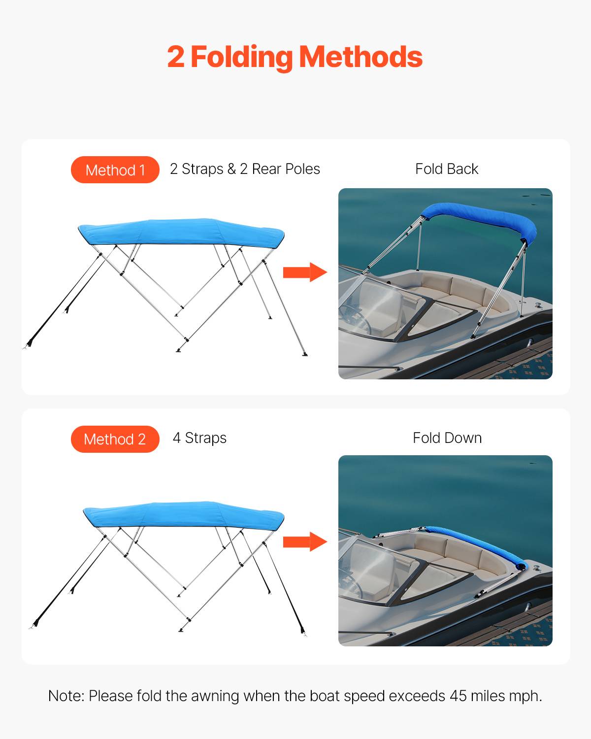 VEVOR Bimini bateau 4 arceaux, 243x137x185-198 cm, alu, polyester 600D, bleu. - Image 4
