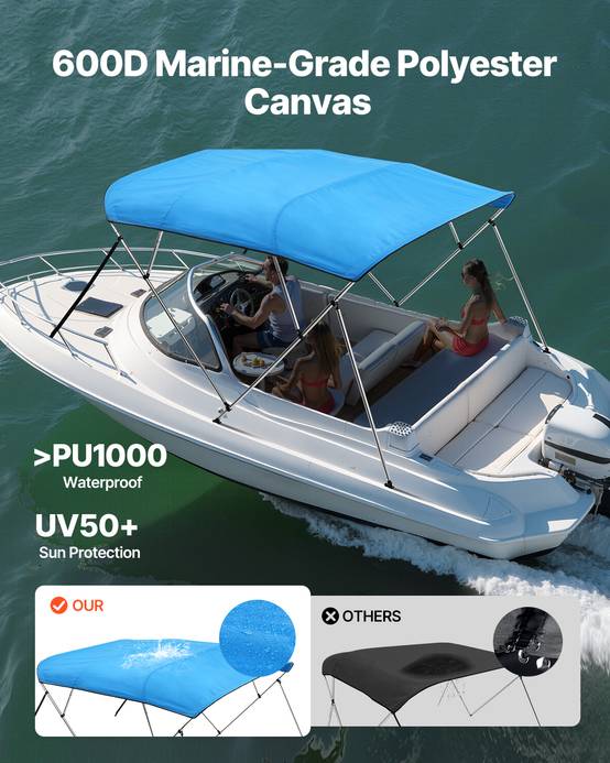 VEVOR Bimini bateau 4 arceaux, 243x137x185-198 cm, alu, polyester 600D, bleu. - Image 2