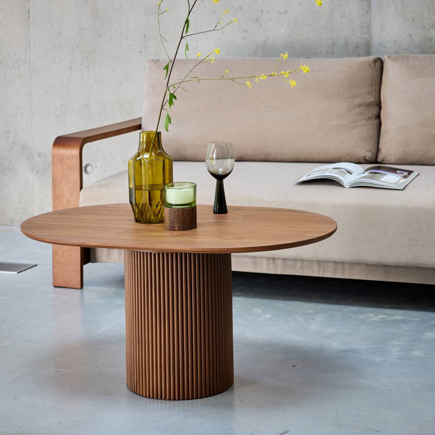 sweeek - Table basse oblongue décor bois sculpté 90cm. couleur noyer  | sweeek - Image 1