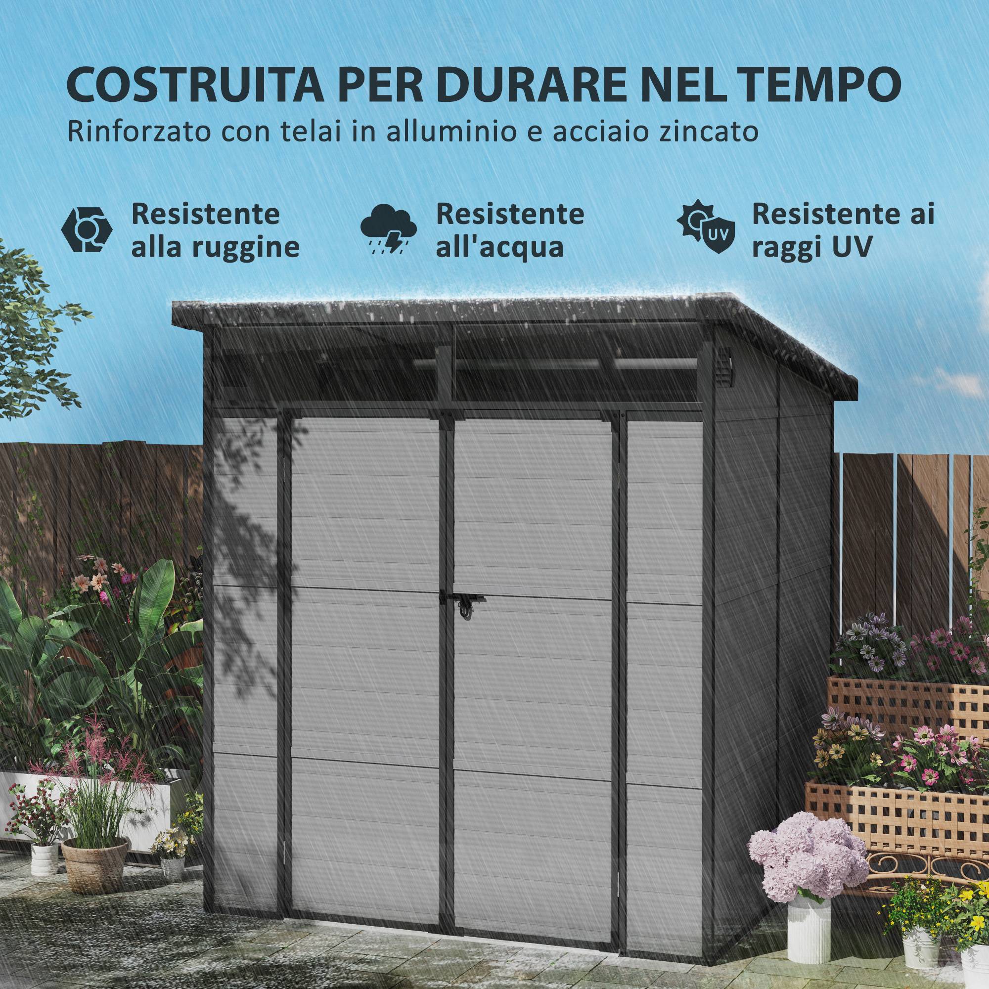 Abri de jardin résine rangement outils double porte fenêtres 190x191x215cm gris - ComfortXL Outdoor Living - Image 6