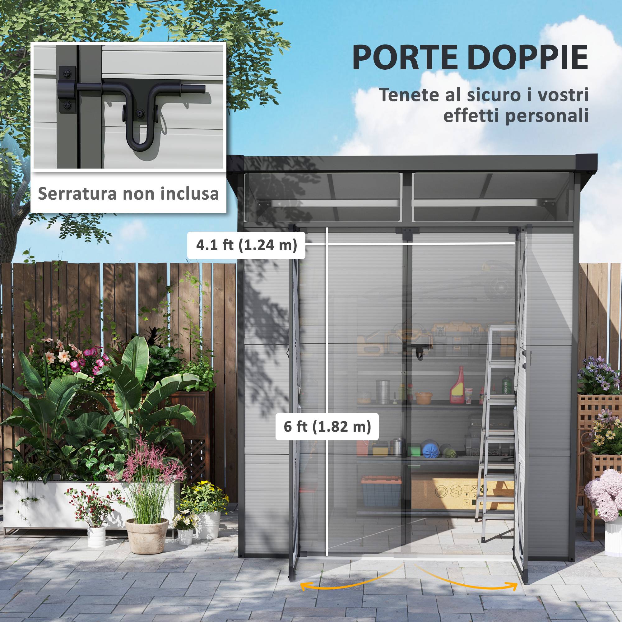 Abri de jardin résine rangement outils double porte fenêtres 190x191x215cm gris - ComfortXL Outdoor Living - Image 9