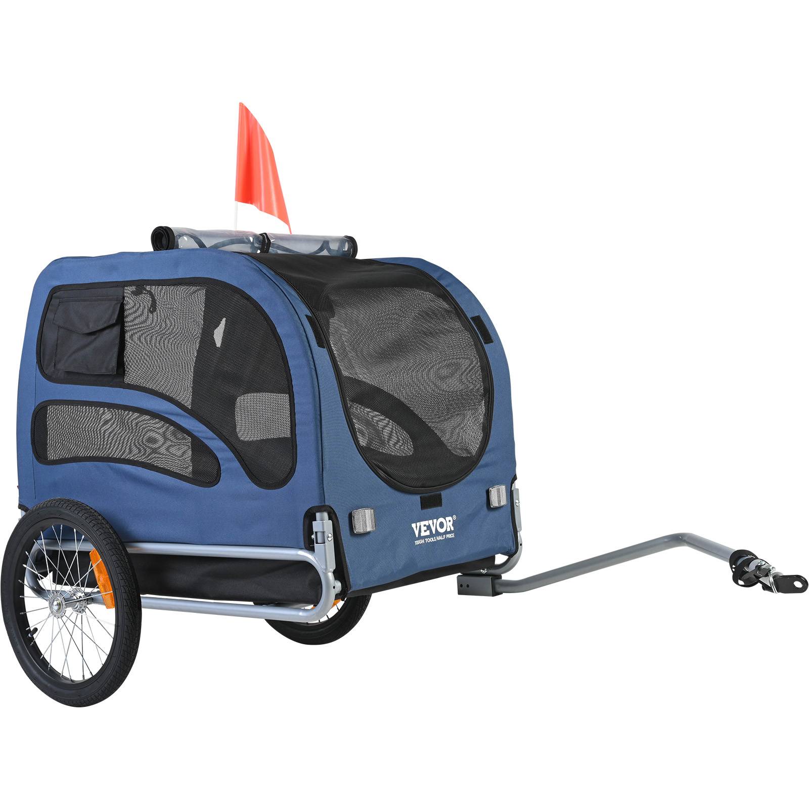 Remorque vélo chien pliable charge 45 kg, cadre pliant, roues dégagement rapide, coupleur universel, bleu/noir.