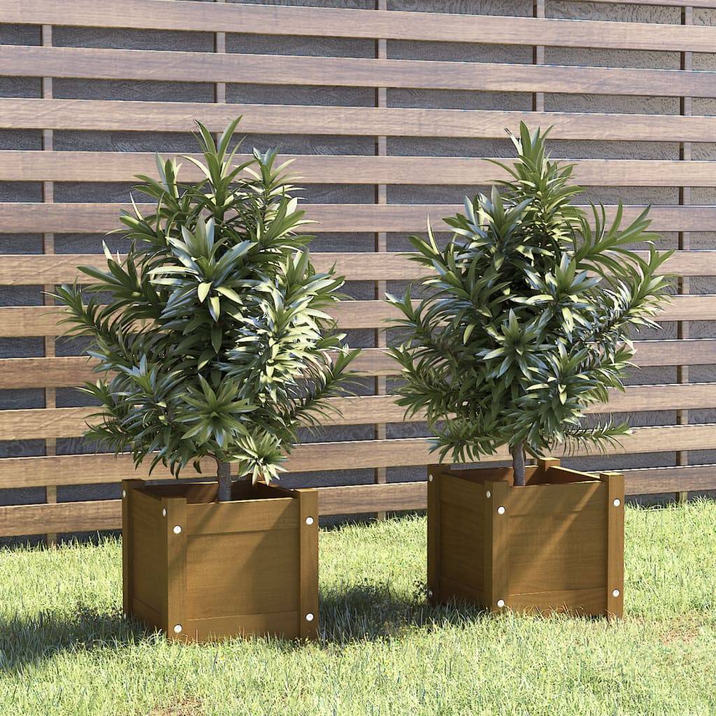 Maison Chic - Lot de 2 Jardinières, Bac à fleurs, Pot de fleurs d'extérieur Marron miel 31x31x31cm Bois de pin - Imagen 2