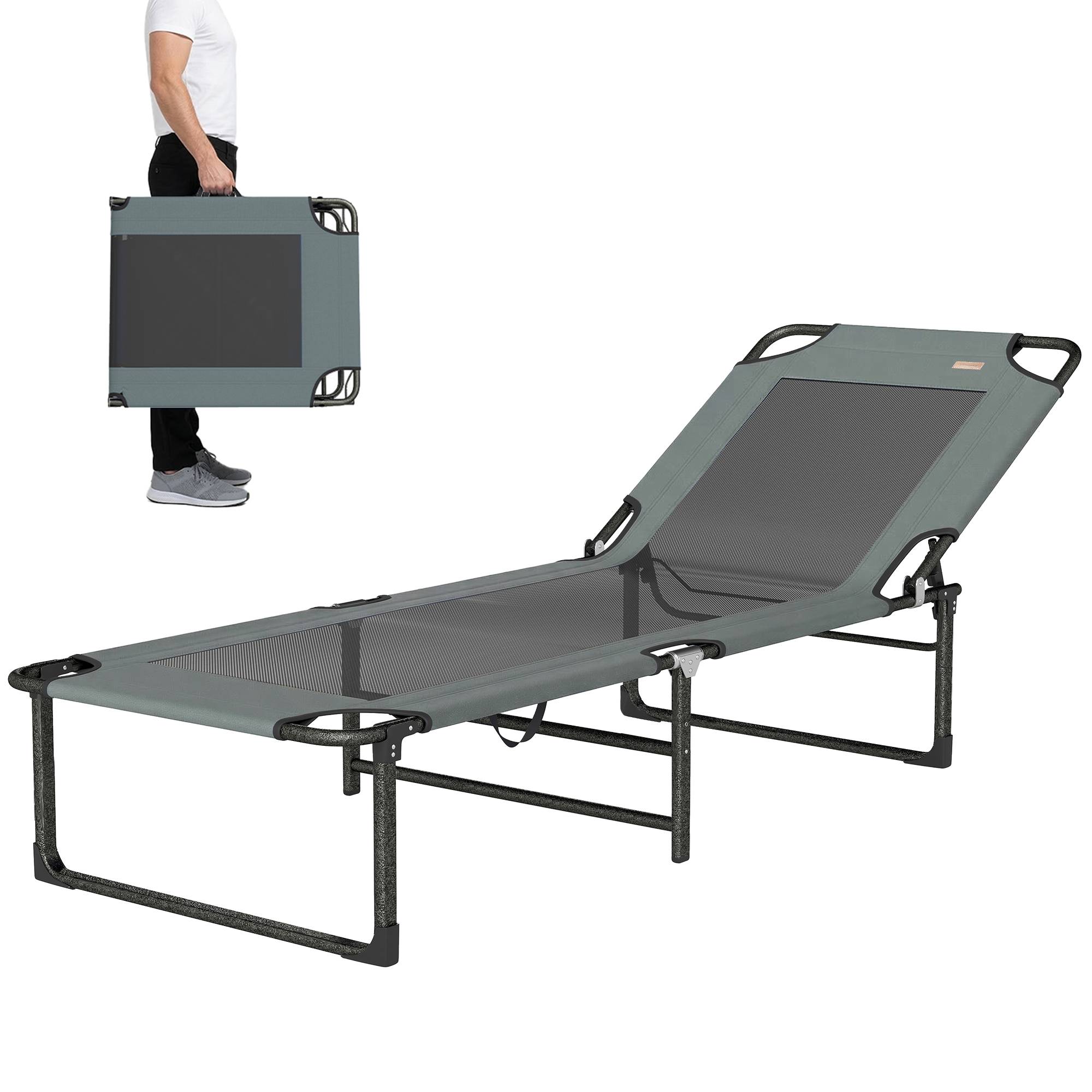 Sans Marque - Chaise longue d'extérieur inclinable 4 positions, chaise pliante avec poignée, grise. - Image 1