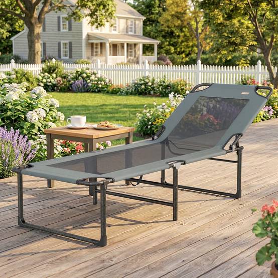Sans Marque - Chaise longue d'extérieur inclinable 4 positions, chaise pliante avec poignée, grise. - Image 3