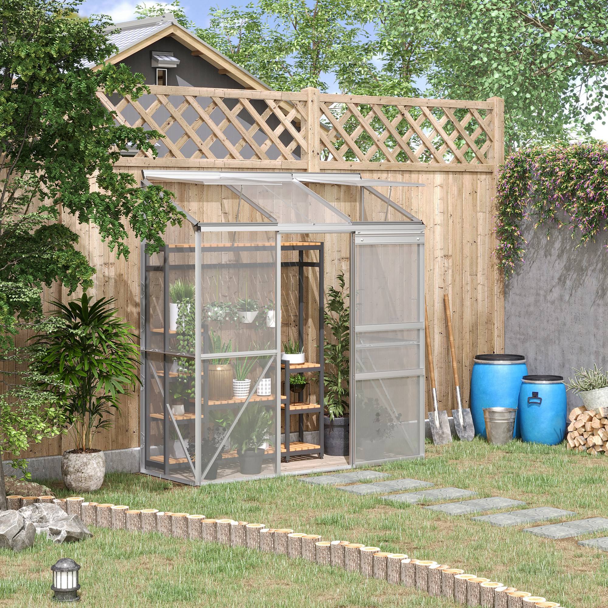 Serre Adossée Polycarbonate Aluminium 2 Fenêtres de Toit Porte Coulissante 1,9x0,7x2 m - ComfortXL Outdoor Living - Image 3