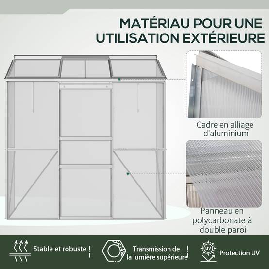 Serre Adossée Polycarbonate Aluminium 2 Fenêtres de Toit Porte Coulissante 1,9x0,7x2 m - ComfortXL Outdoor Living - Image 9