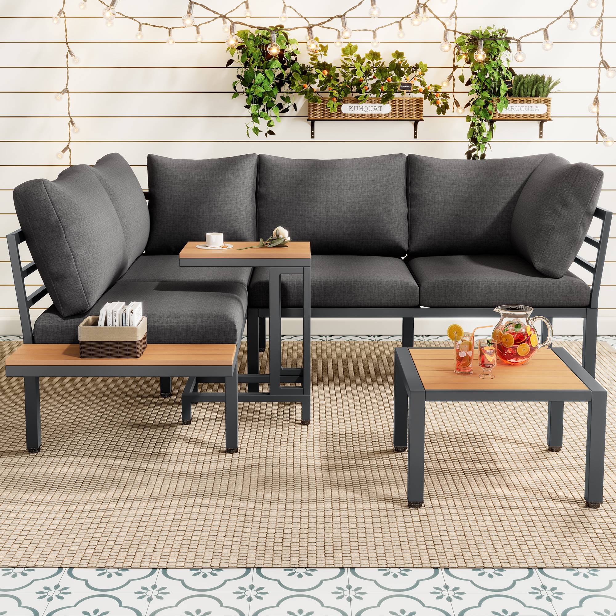 Ensemble jardin modulable : canapé + 2 tables, acier galvanisé, plateau bois-plastique, balcon/jardin, gris-noir - Image 3