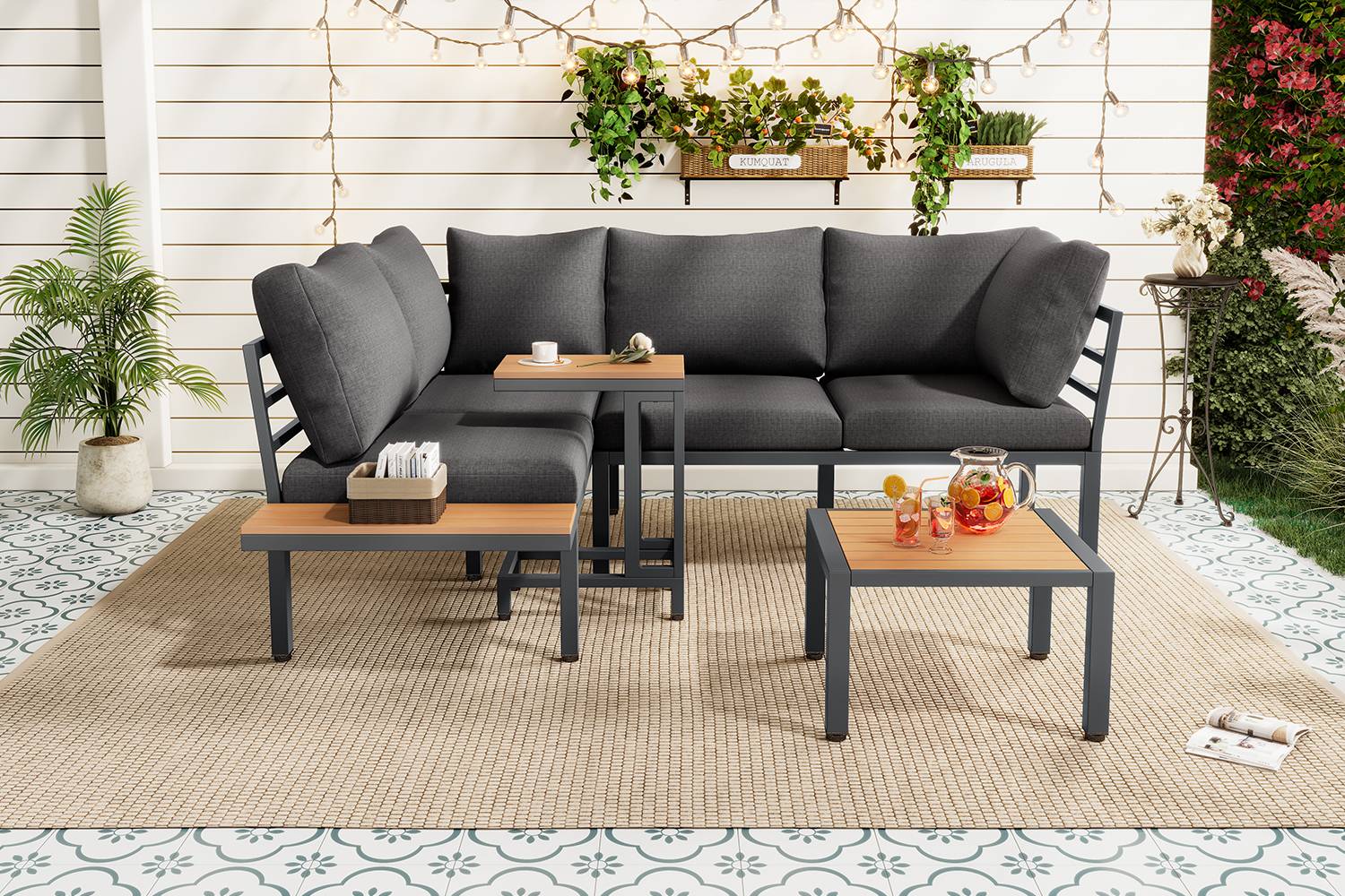 Ensemble jardin modulable : canapé + 2 tables, acier galvanisé, plateau bois-plastique, balcon/jardin, gris-noir - Image 9