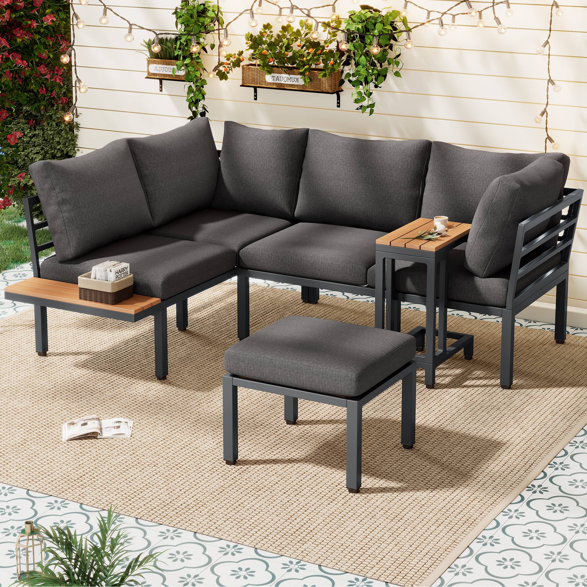 Ensemble jardin modulable : canapé + 2 tables, acier galvanisé, plateau bois-plastique, balcon/jardin, gris-noir - Image 4
