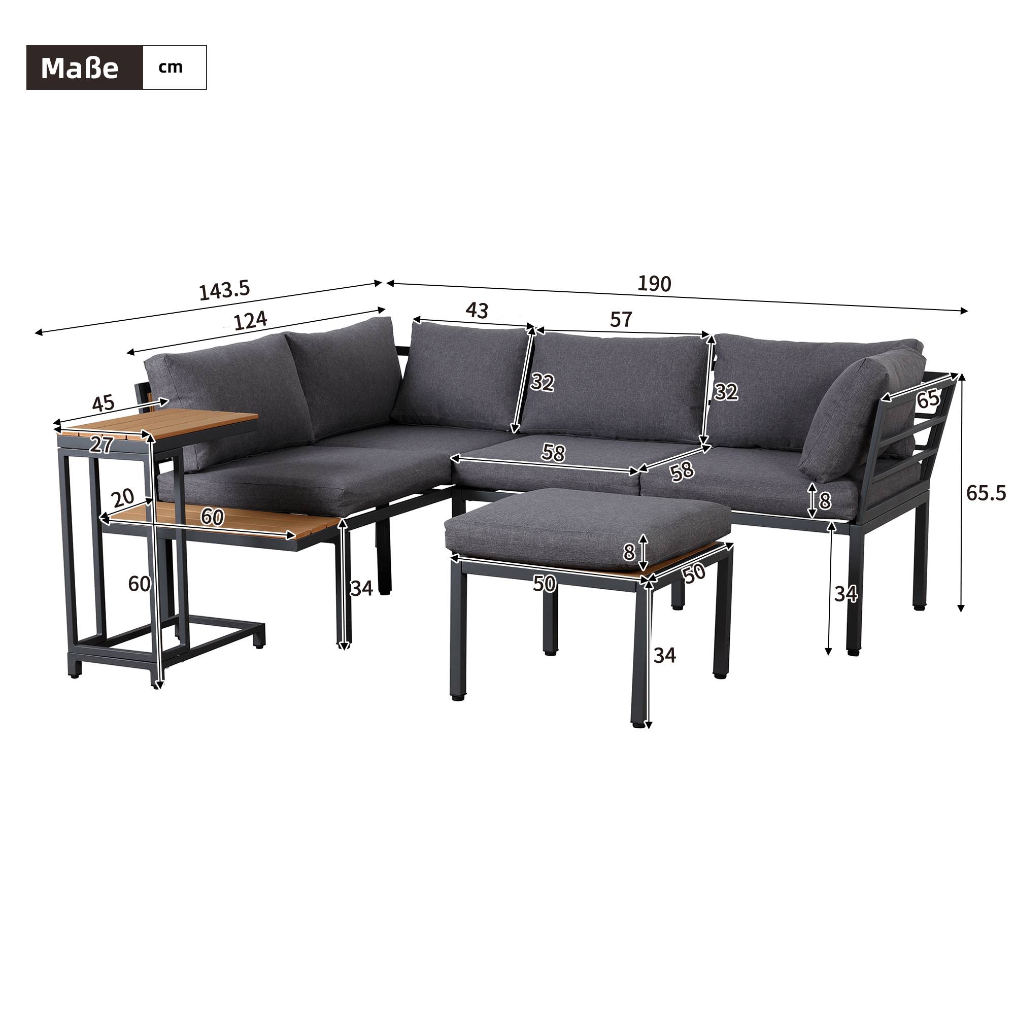 Ensemble jardin modulable : canapé + 2 tables, acier galvanisé, plateau bois-plastique, balcon/jardin, gris-noir - Image 5