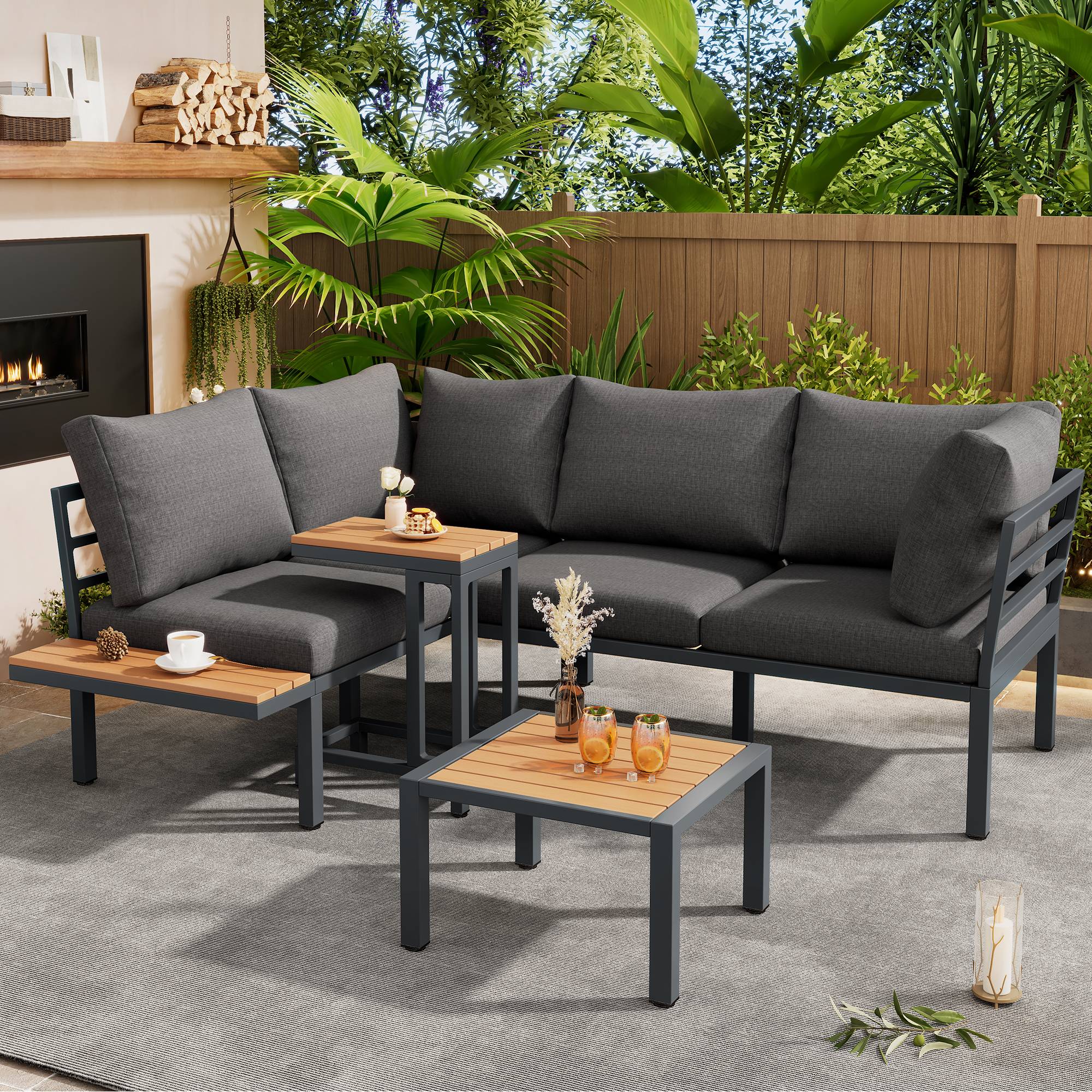 Ensemble jardin modulable : canapé + 2 tables, acier galvanisé, plateau bois-plastique, balcon/jardin, gris-noir - Image 1