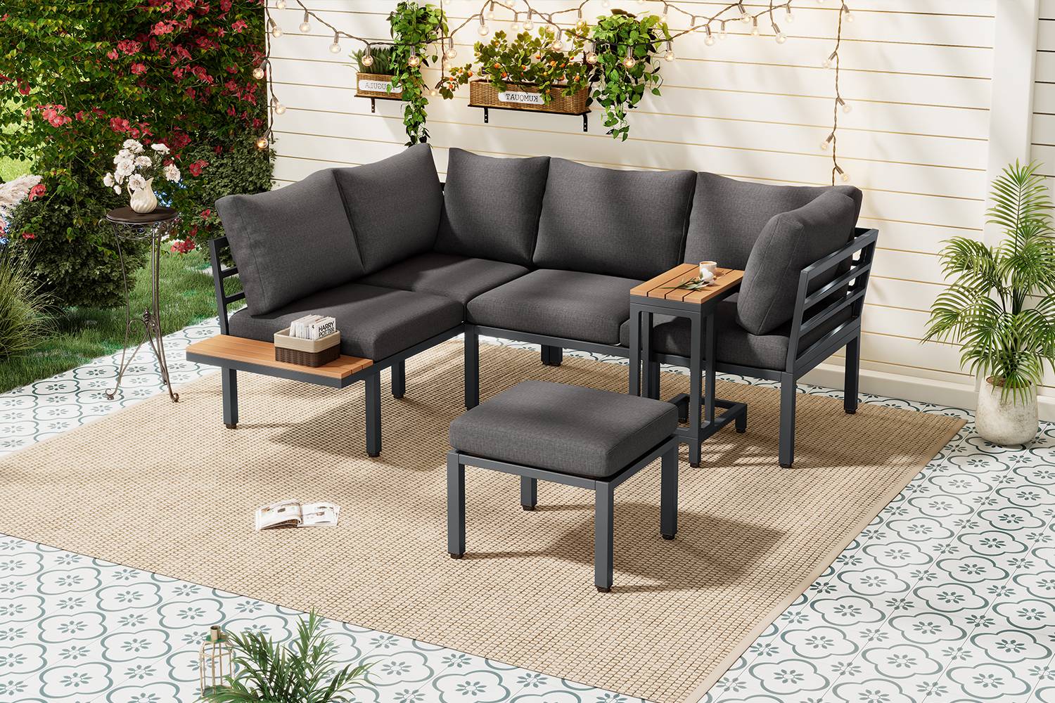 Ensemble jardin modulable : canapé + 2 tables, acier galvanisé, plateau bois-plastique, balcon/jardin, gris-noir - Image 10