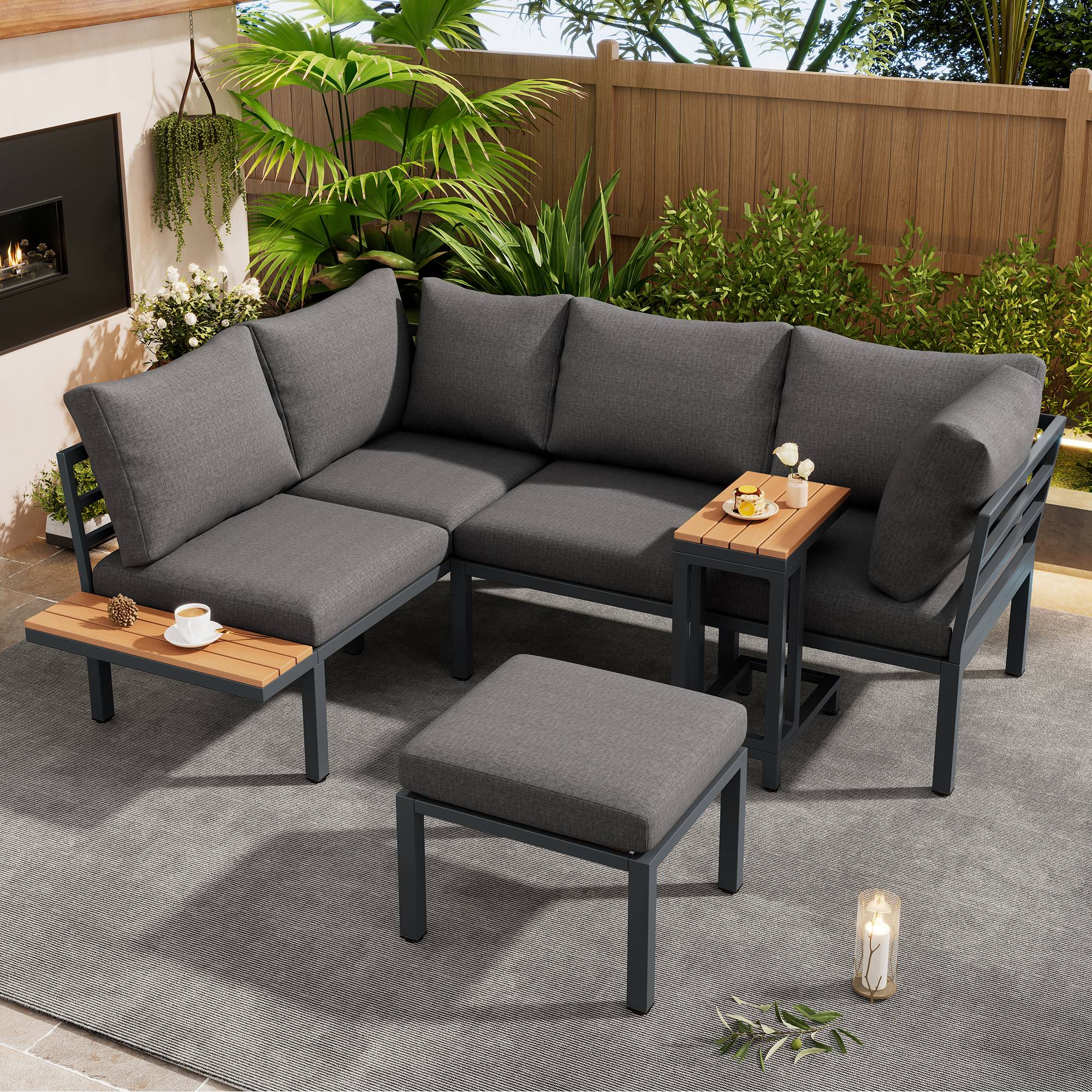 Ensemble jardin modulable : canapé + 2 tables, acier galvanisé, plateau bois-plastique, balcon/jardin, gris-noir - Image 2