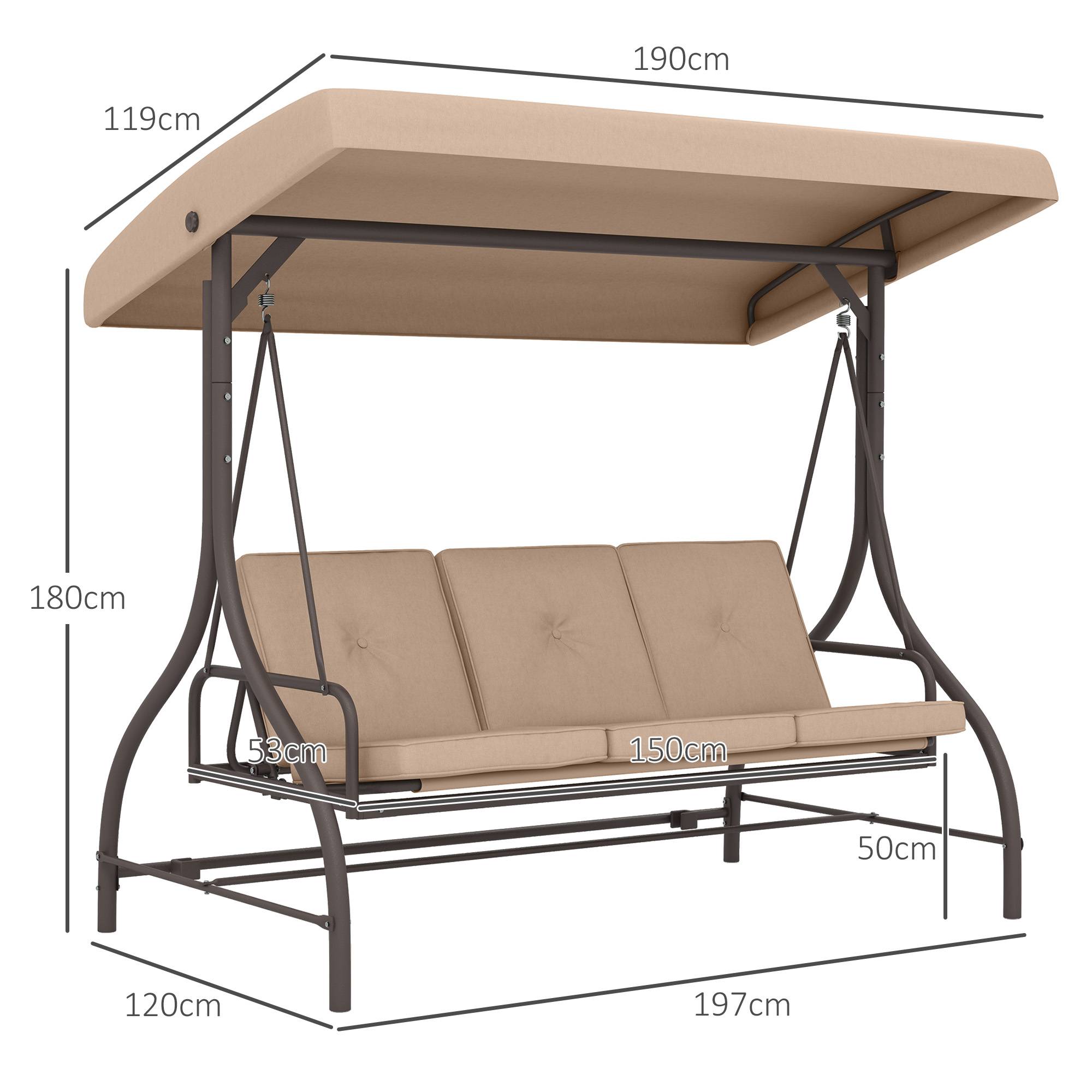 Outsunny - Balancelle de jardin convertible 3 places avec coussins métal polyester kaki - Outsunny - Imagen 3