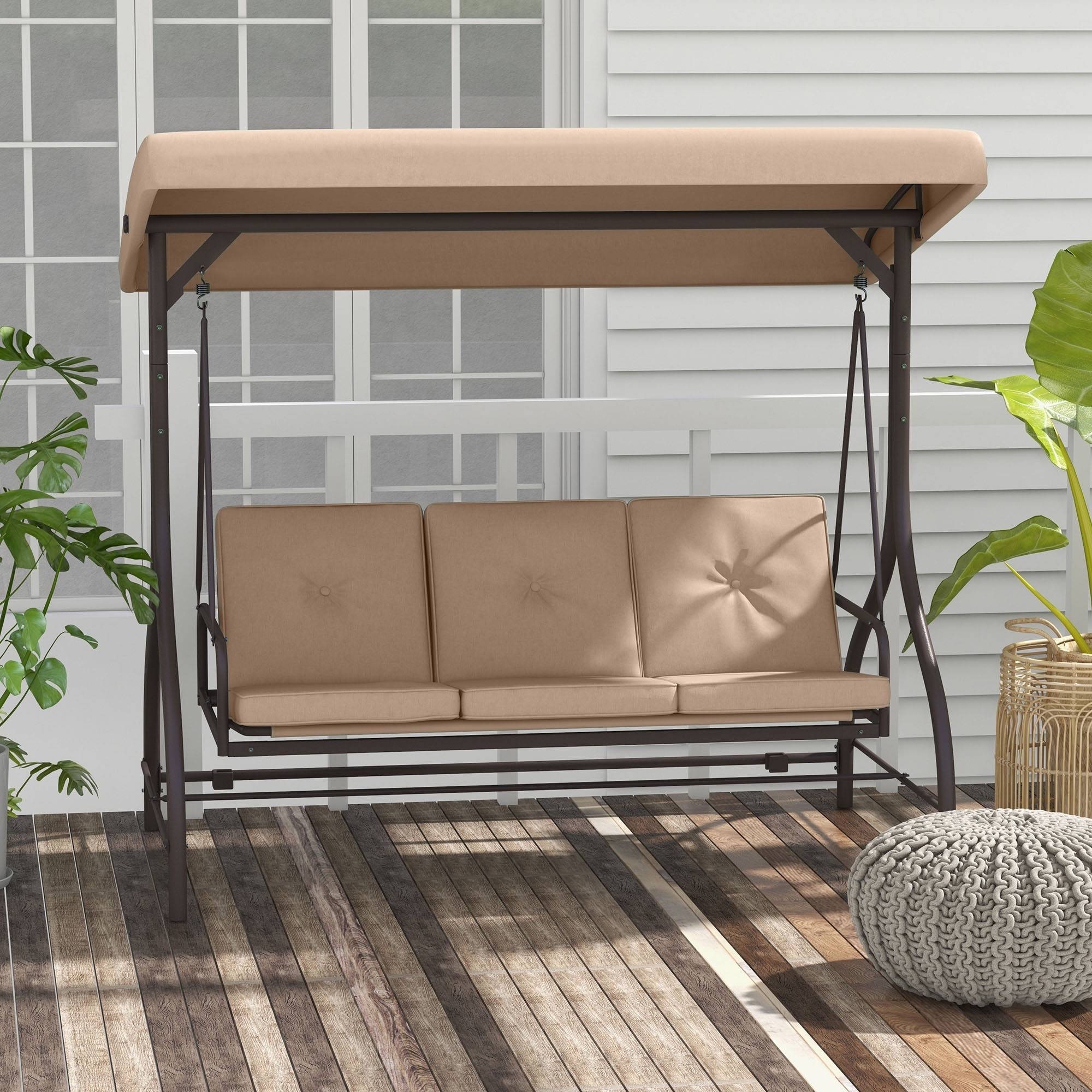 Outsunny - Balancelle de jardin convertible 3 places avec coussins métal polyester kaki - Outsunny - Imagen 2