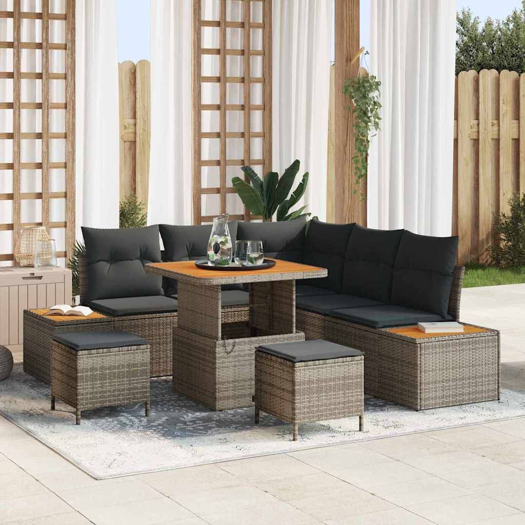 Salon Bas avec Repose-Pieds 8 Pcs Polyrotin & Acacia 7 Places Table Haute pour Dîners et Détente Gris – ComfortXL Outdoor Living - Image 1