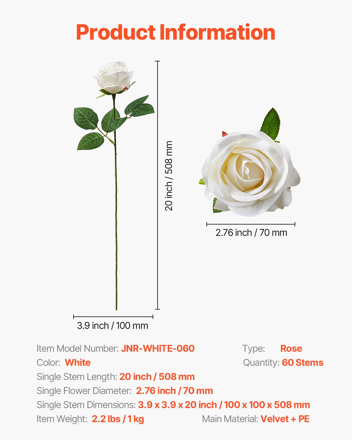 VEVOR Rose artificielle lot de 60, 508mm. Aspect réaliste, tête 70mm. Décoration intérieure, fêtes. Blanc. - Image 7