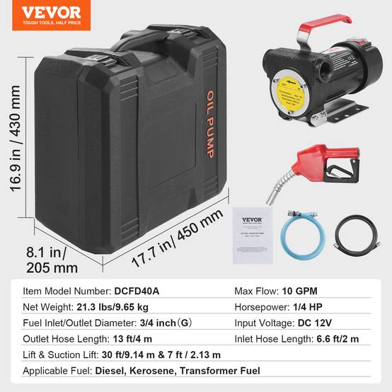 VEVOR Pompe portable 12V CC, haut débit 37.8L/min, buse et tuyaux pour diesel/kérosène. - Image 7