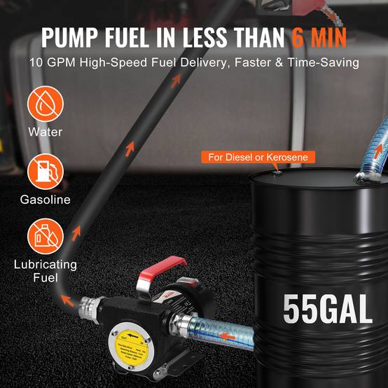 VEVOR Pompe portable 12V CC, haut débit 37.8L/min, buse et tuyaux pour diesel/kérosène. - Image 3
