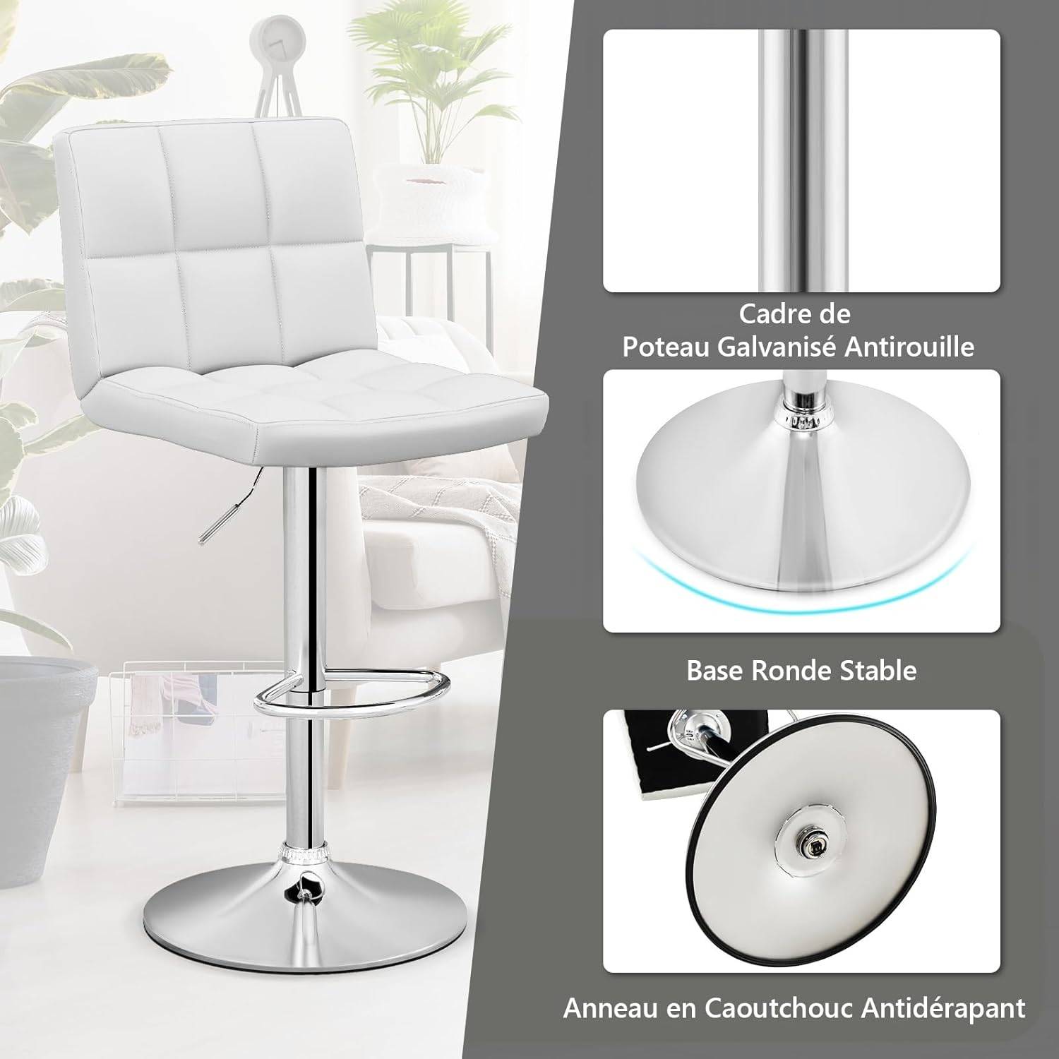 Lot de 2 Tabouret de Bar, Chaise Bar Pivotante, Hauteur Réglable 65-85 cm, Repose-Pieds, Cadre en Métal Galvanisé, Siège Rembouré, Blanc - Image 6
