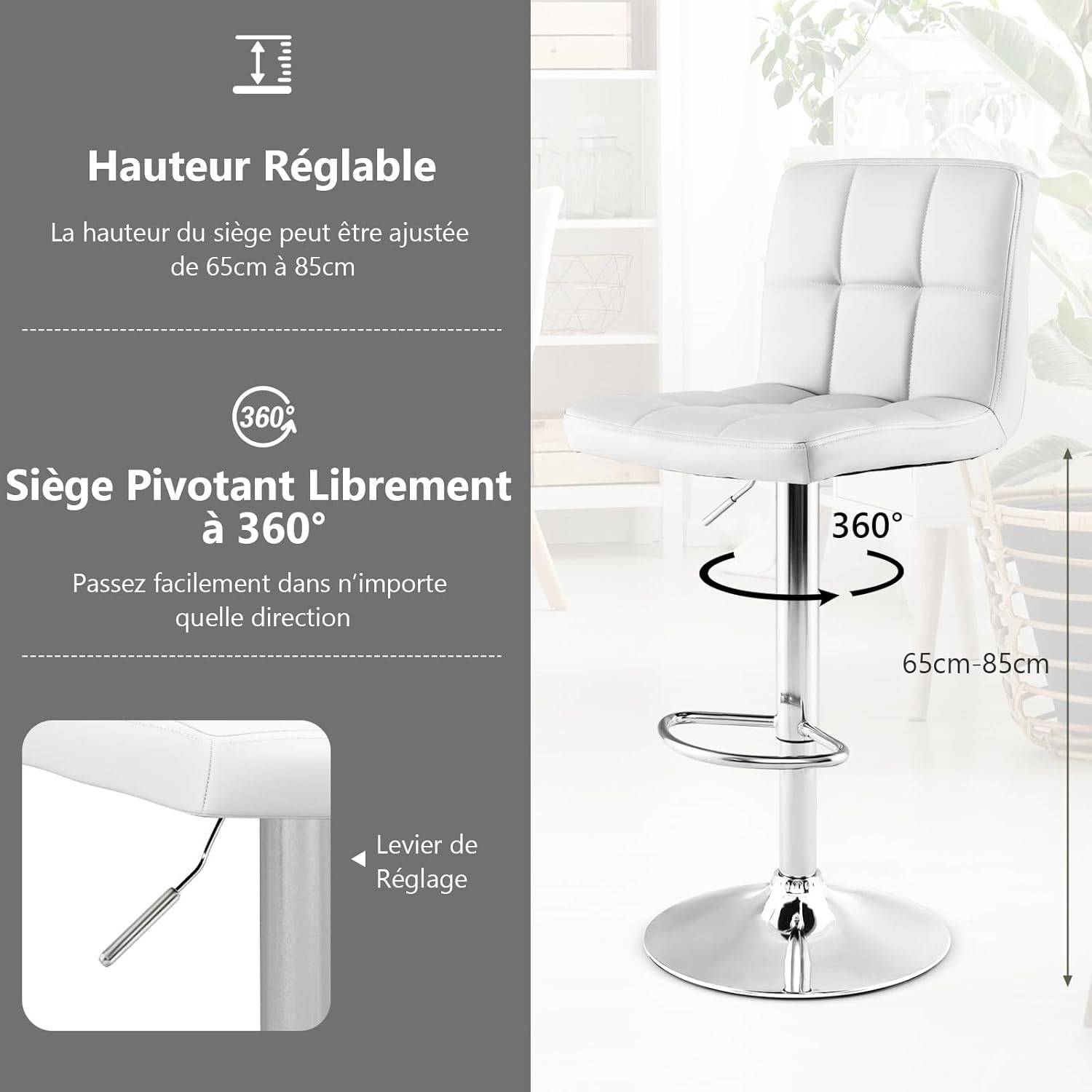 Lot de 2 Tabouret de Bar, Chaise Bar Pivotante, Hauteur Réglable 65-85 cm, Repose-Pieds, Cadre en Métal Galvanisé, Siège Rembouré, Blanc - Image 4