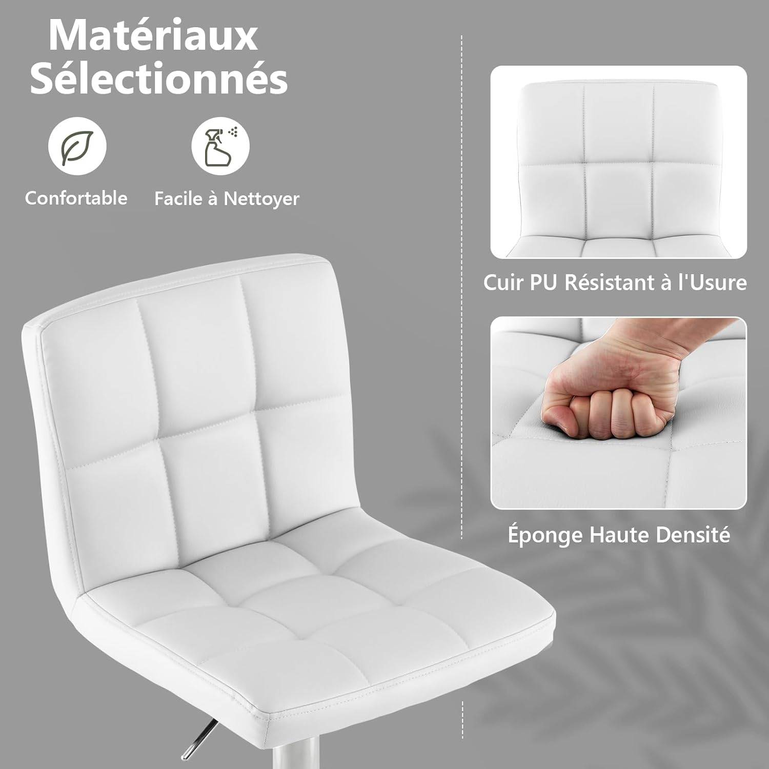 Lot de 2 Tabouret de Bar, Chaise Bar Pivotante, Hauteur Réglable 65-85 cm, Repose-Pieds, Cadre en Métal Galvanisé, Siège Rembouré, Blanc - Image 5