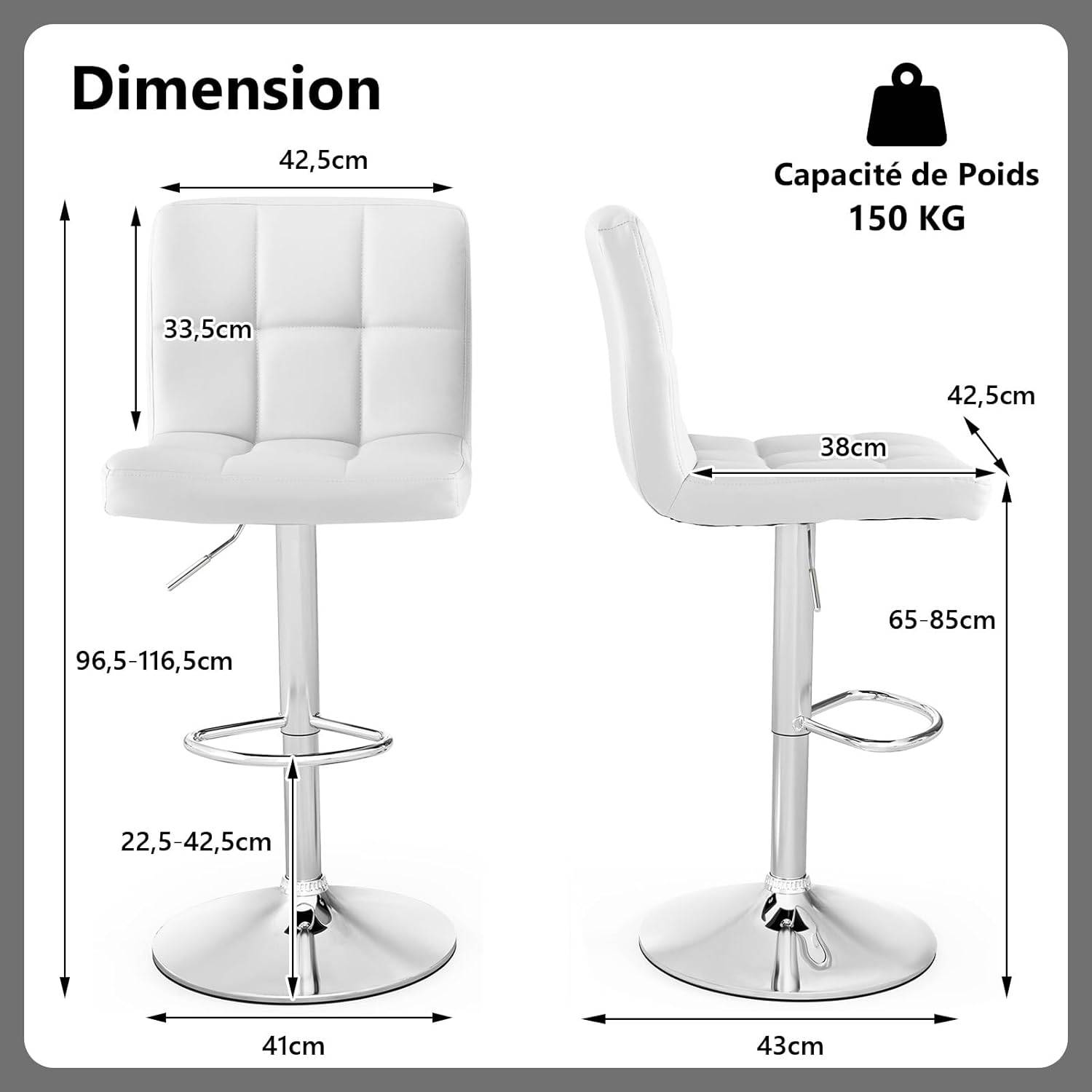 Lot de 2 Tabouret de Bar, Chaise Bar Pivotante, Hauteur Réglable 65-85 cm, Repose-Pieds, Cadre en Métal Galvanisé, Siège Rembouré, Blanc - Image 3