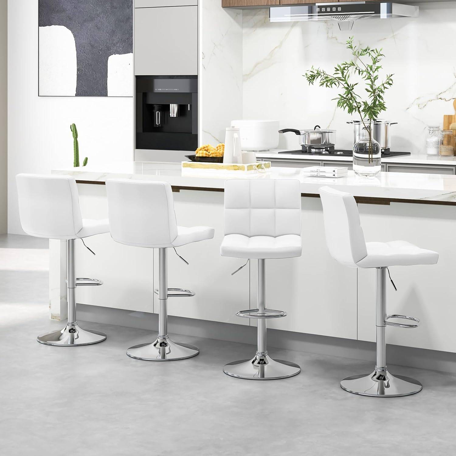 Lot de 2 Tabouret de Bar, Chaise Bar Pivotante, Hauteur Réglable 65-85 cm, Repose-Pieds, Cadre en Métal Galvanisé, Siège Rembouré, Blanc - Image 9