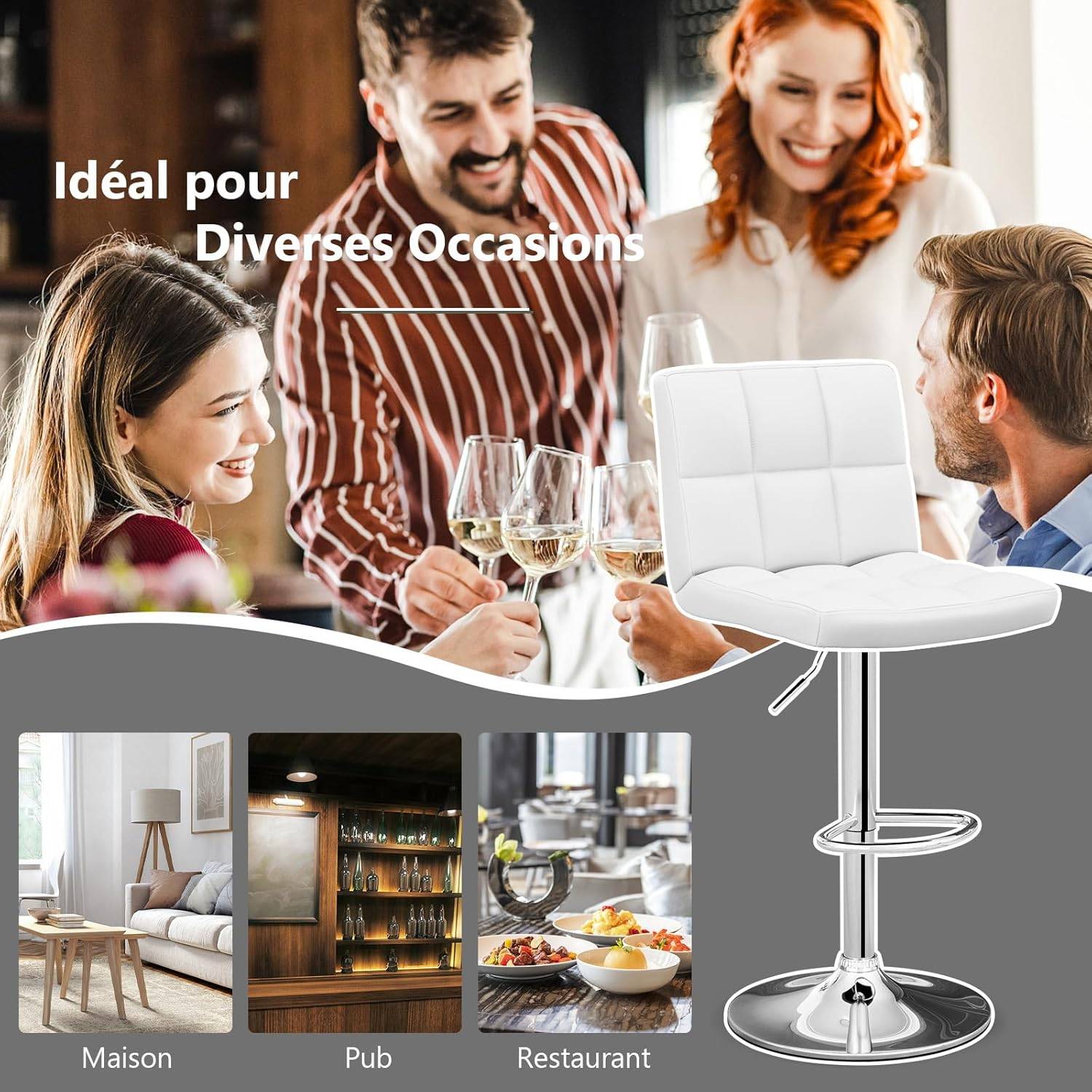 Lot de 2 Tabouret de Bar, Chaise Bar Pivotante, Hauteur Réglable 65-85 cm, Repose-Pieds, Cadre en Métal Galvanisé, Siège Rembouré, Blanc - Image 8