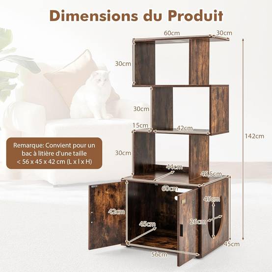 Meuble Litiere Chat 60 × 45,5 × 142 cm, 3 Etagères Ouvertes, 3 Trous d'Aération, 4 Coussinets Réglables, Kit Anti-Basculement (Industriel) - Image 5
