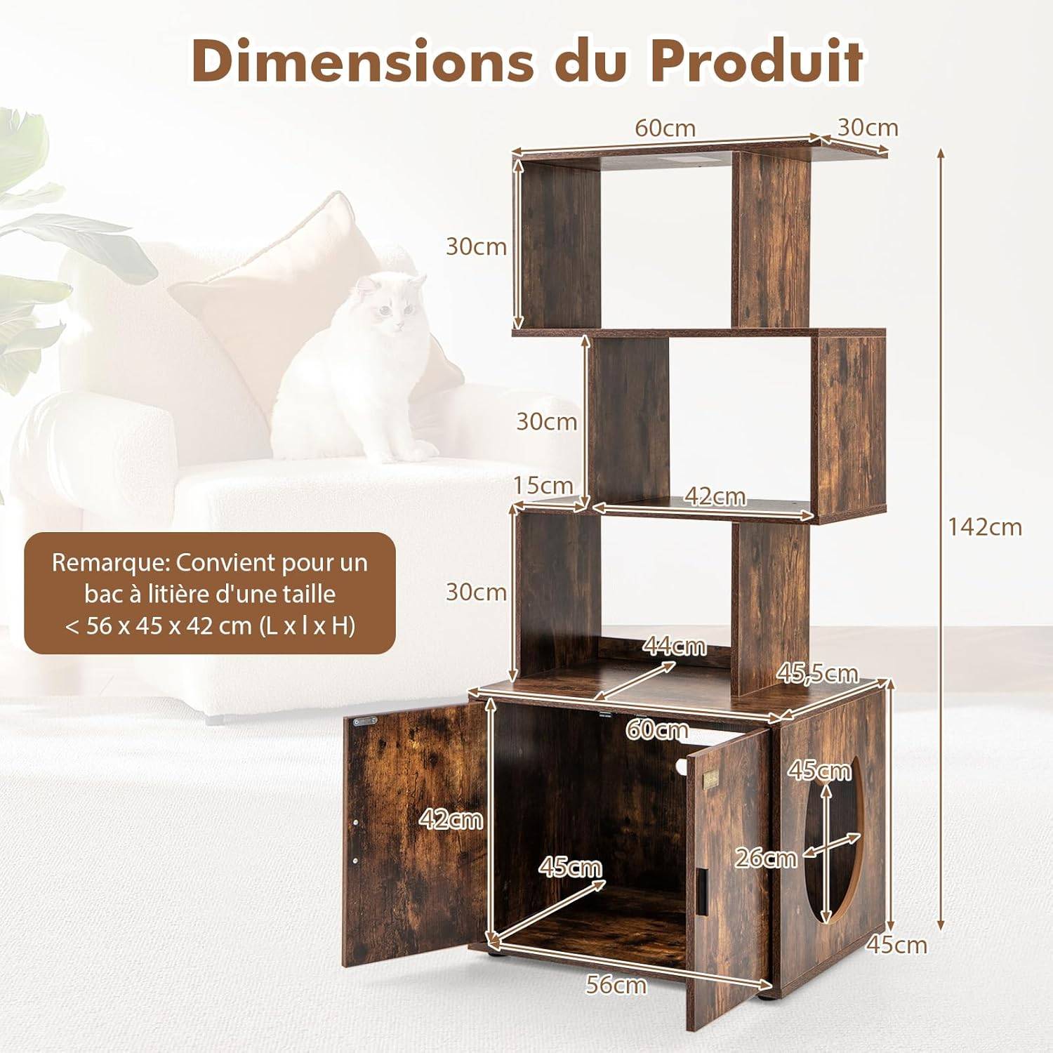 Meuble Litiere Chat 60 × 45,5 × 142 cm, 3 Etagères Ouvertes, 3 Trous d'Aération, 4 Coussinets Réglables, Kit Anti-Basculement (Industriel) - Image 5