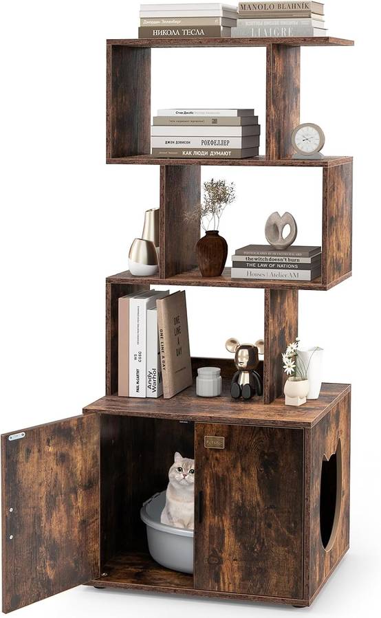 Meuble Litiere Chat 60 × 45,5 × 142 cm, 3 Etagères Ouvertes, 3 Trous d'Aération, 4 Coussinets Réglables, Kit Anti-Basculement (Industriel) - Image 1