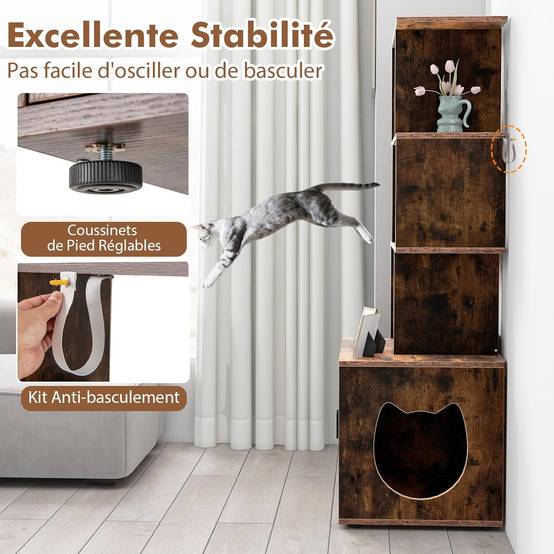 Meuble Litiere Chat 60 × 45,5 × 142 cm, 3 Etagères Ouvertes, 3 Trous d'Aération, 4 Coussinets Réglables, Kit Anti-Basculement (Industriel) - Image 7