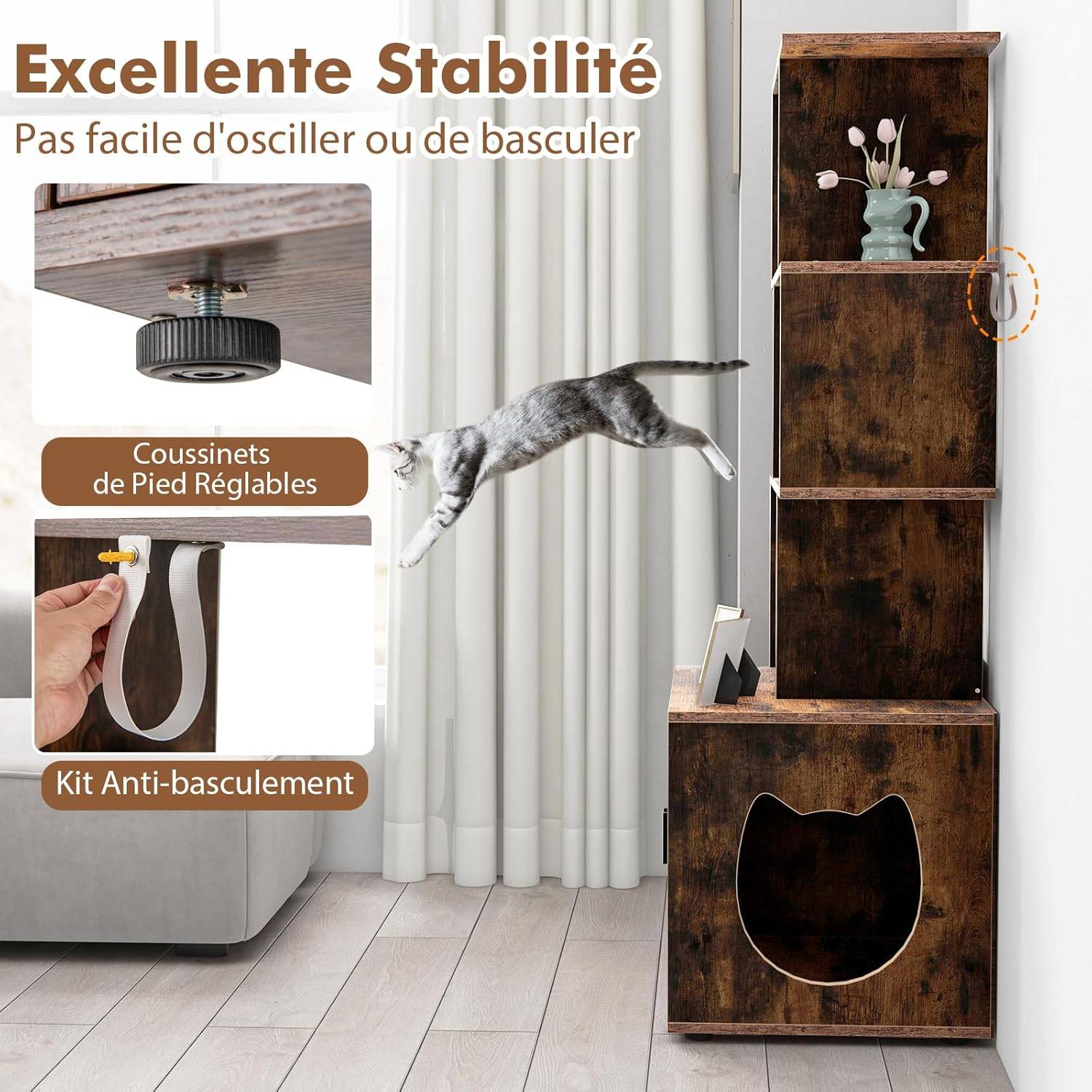 Meuble Litiere Chat 60 × 45,5 × 142 cm, 3 Etagères Ouvertes, 3 Trous d'Aération, 4 Coussinets Réglables, Kit Anti-Basculement (Industriel) - Image 7