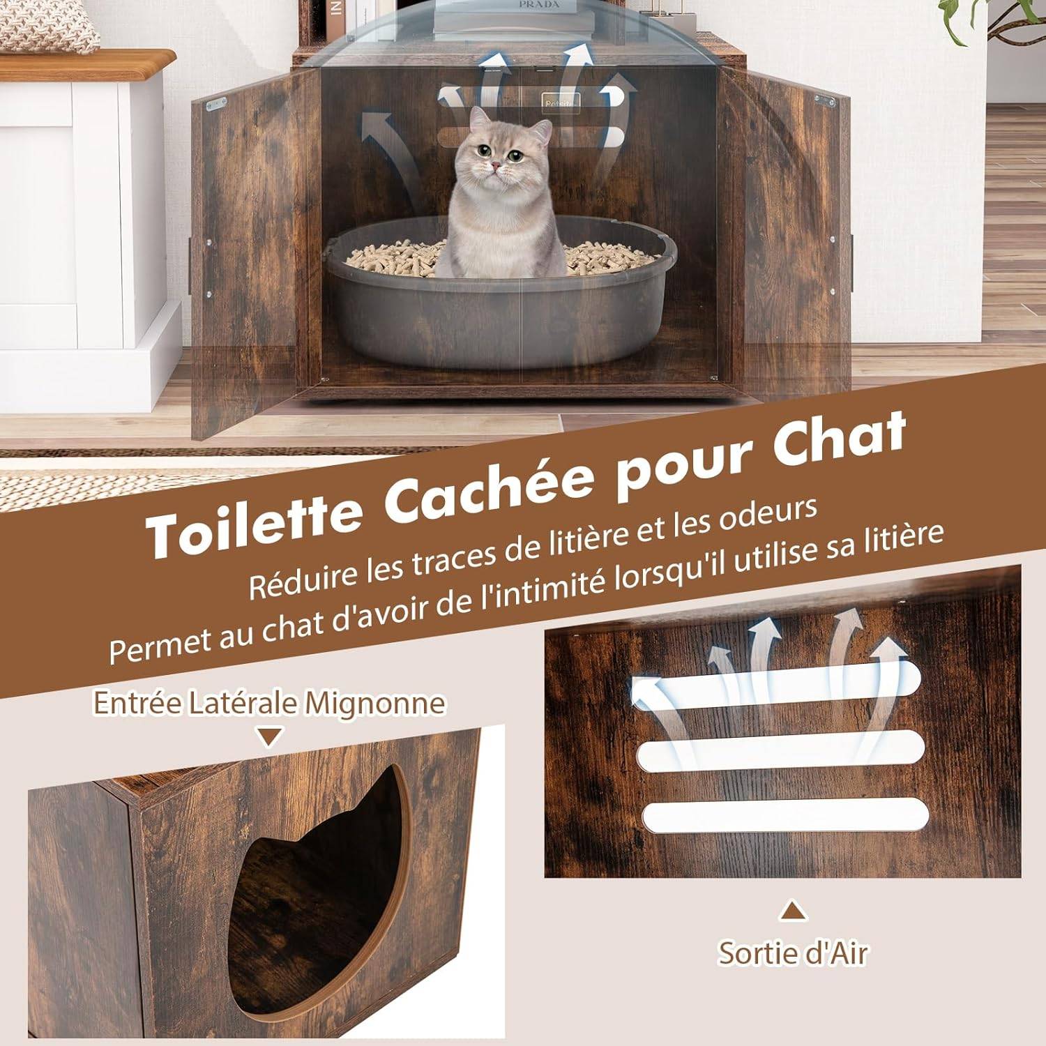 Meuble Litiere Chat 60 × 45,5 × 142 cm, 3 Etagères Ouvertes, 3 Trous d'Aération, 4 Coussinets Réglables, Kit Anti-Basculement (Industriel) - Image 6