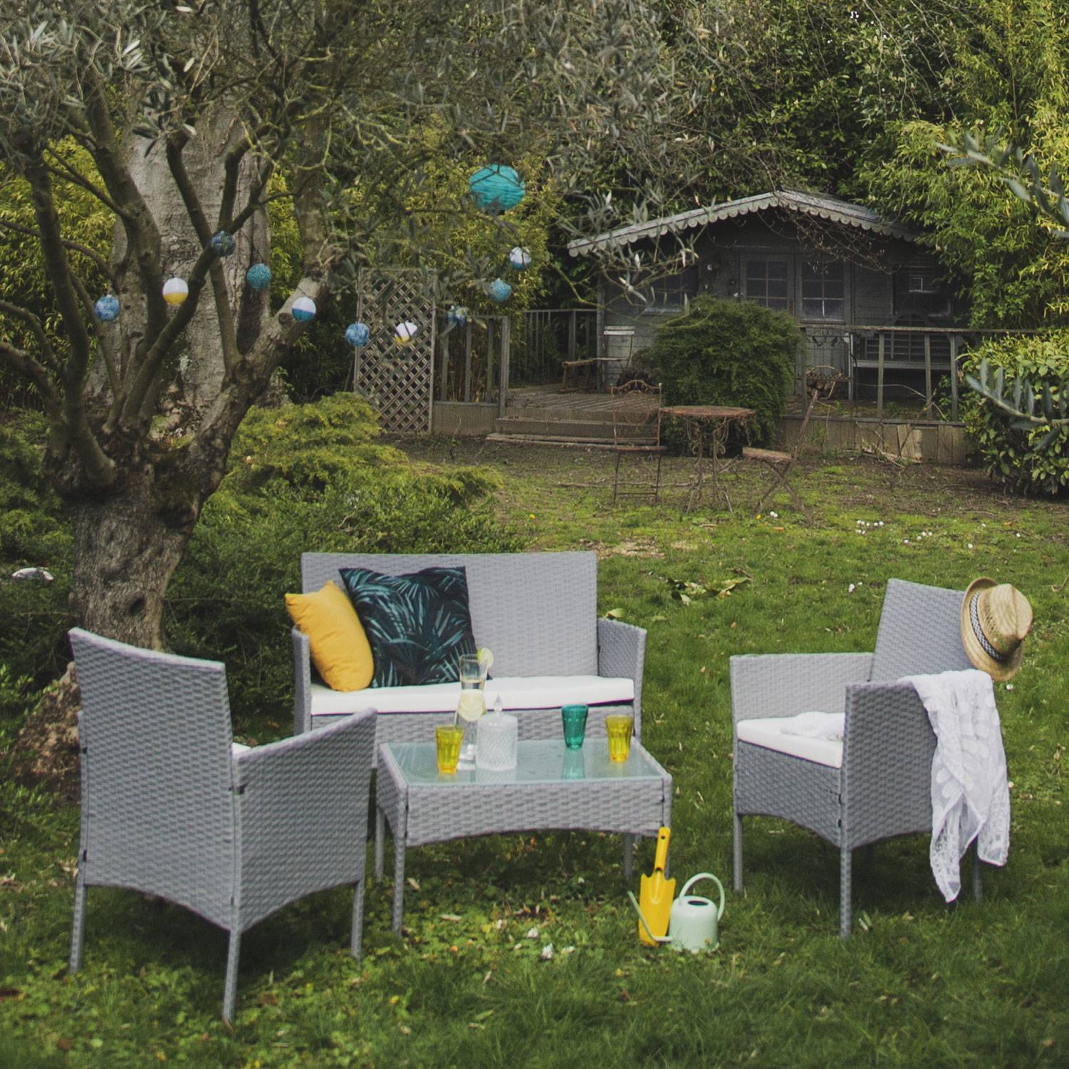 Happy Garden - Salon de jardin CORDOUE en résine tressée gris 4 places - coussins ivoire - HAPPY GARDEN - Imagen 8