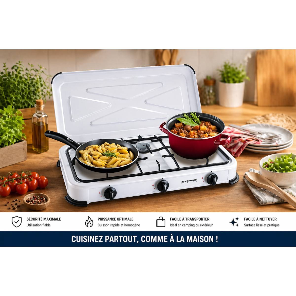 Réchaud gaz portable 3 feux 3450W Blanc laqué Couvercle Plaque de cuisson KEMPER - Imagen 2