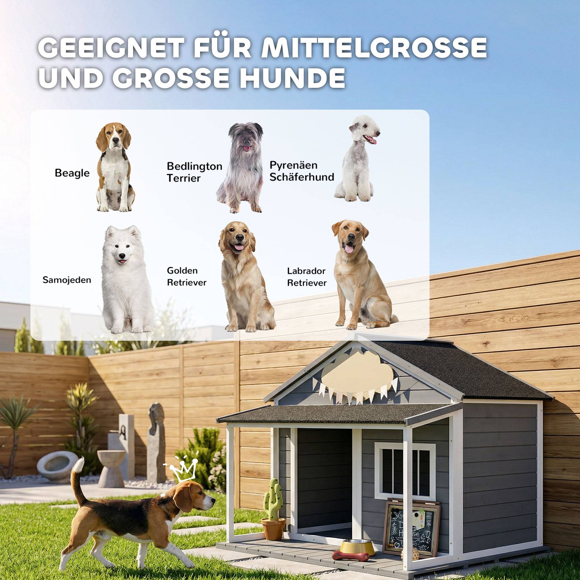 Nic extérieur pour chien avec véranda, résistant aux intempéries, 124×112×105 cm, Gris+Blanc - Image 9