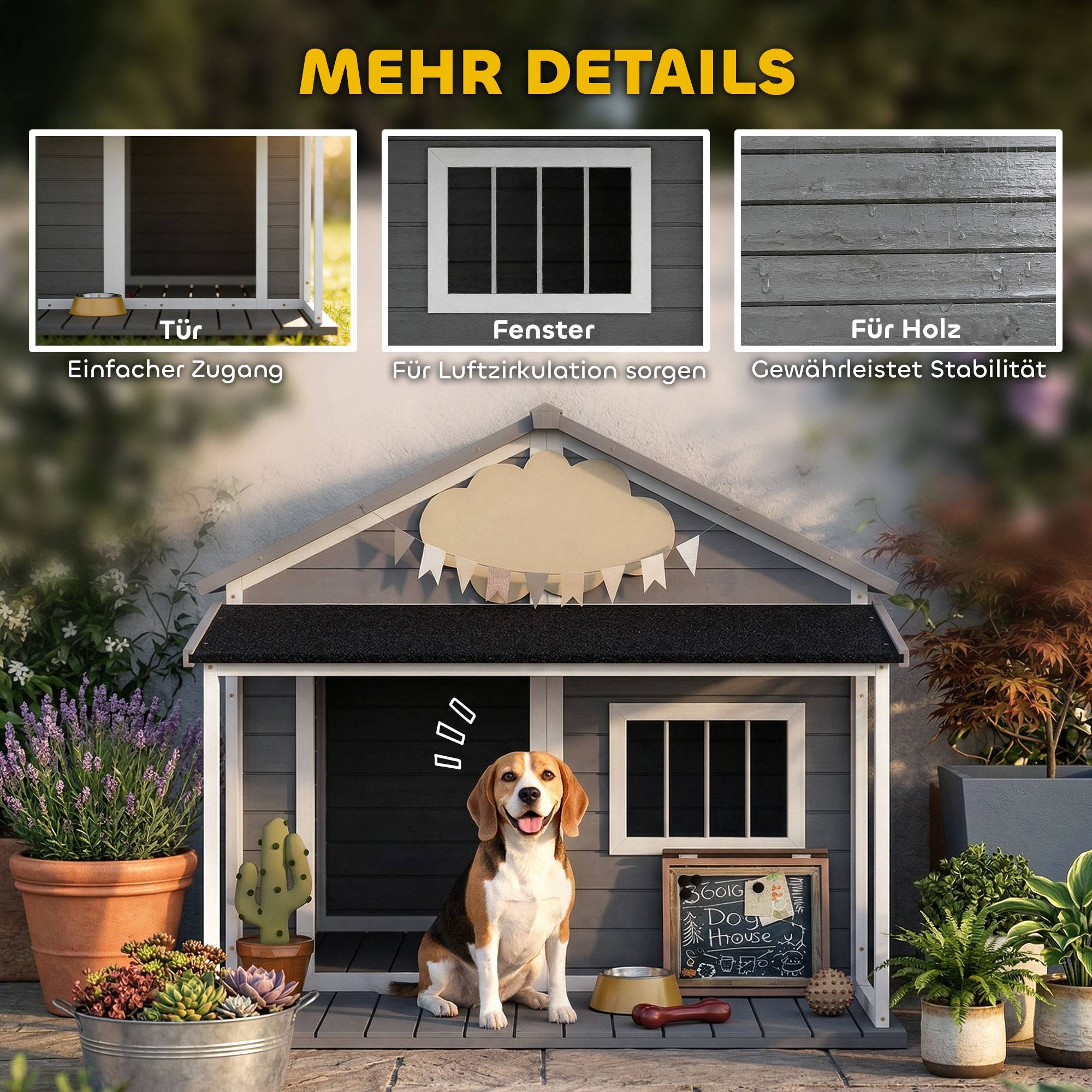 Nic extérieur pour chien avec véranda, résistant aux intempéries, 124×112×105 cm, Gris+Blanc - Image 8